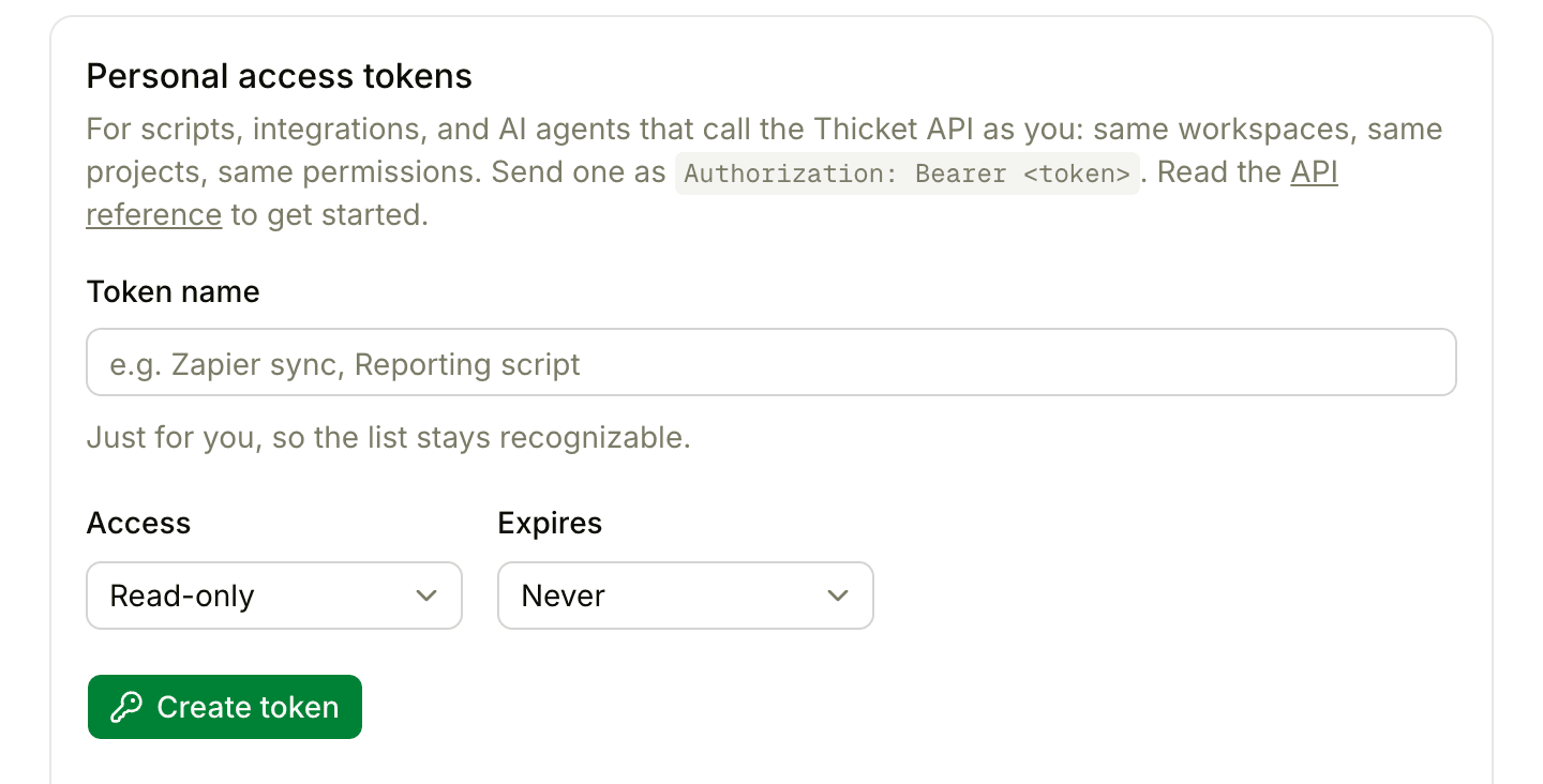 The API tokens page, with the Token name field, the Access and Expires menus, and the Create token button
