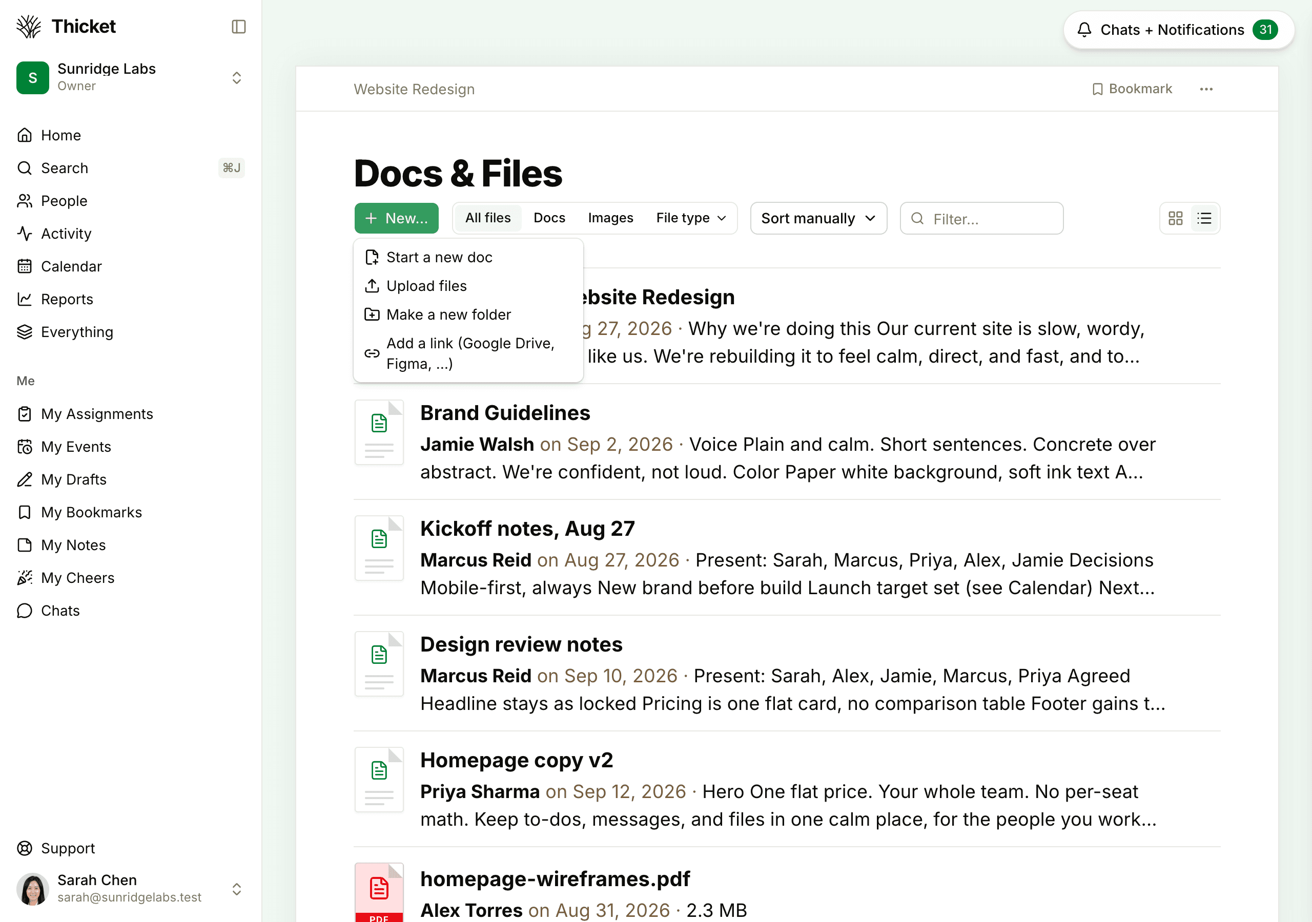 The Docs & Files page with the New menu open, showing Start a new doc, Upload files, Make a new folder, and Add a link, above a list of docs and files.