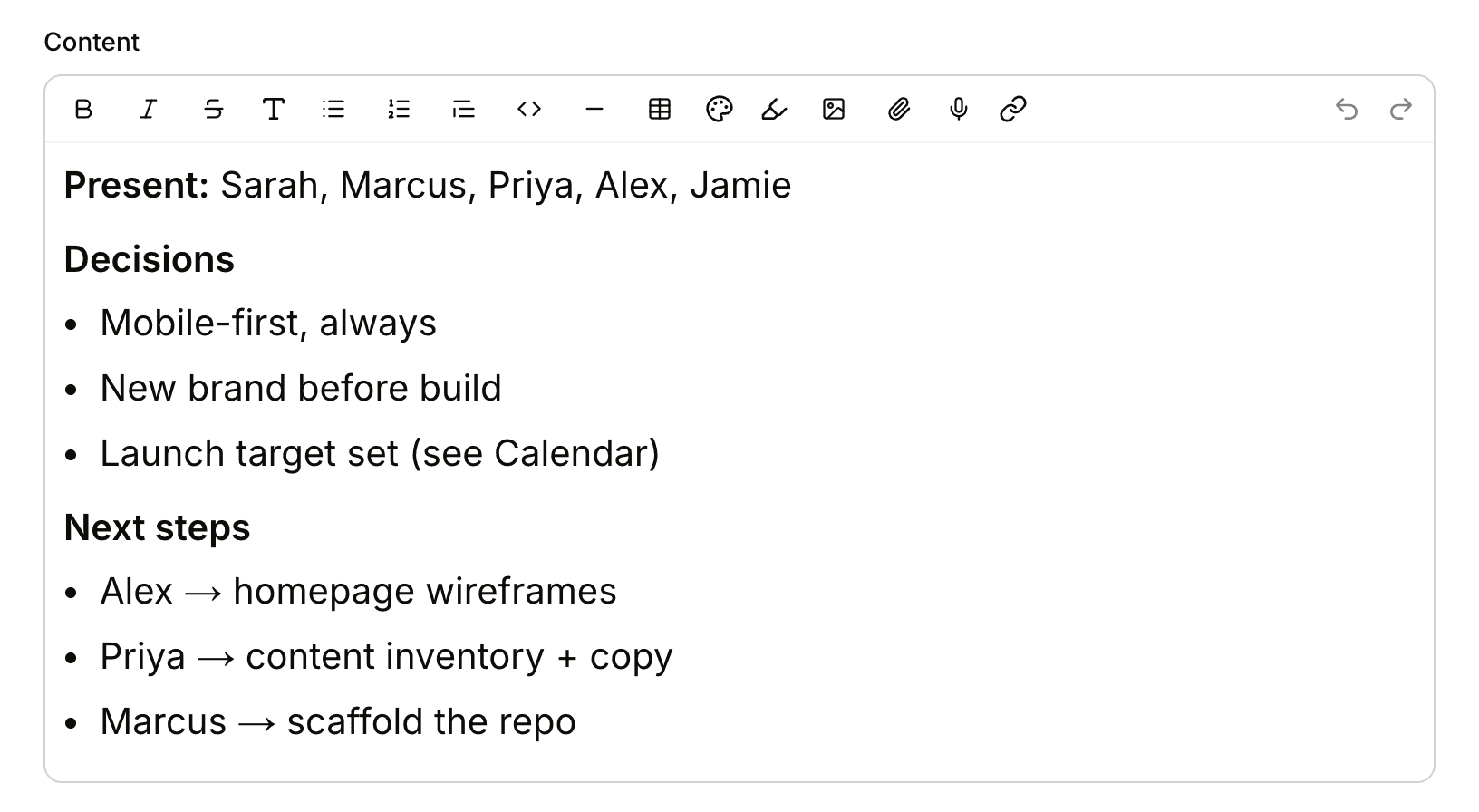The editor's formatting toolbar above a doc with bold text, headings and bulleted lists