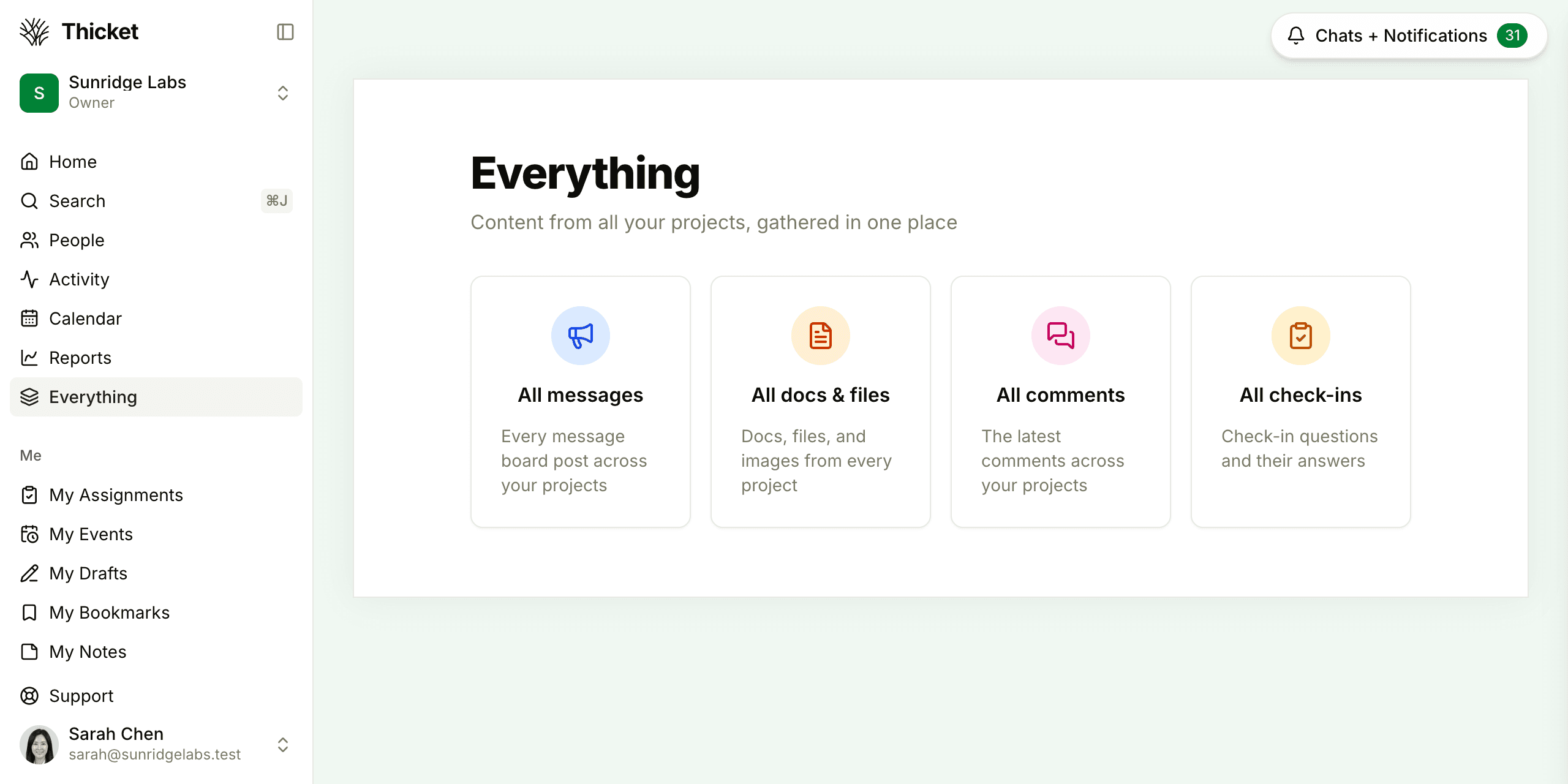 The Everything page with four tiles: All messages, All docs & files, All comments, and All check-ins