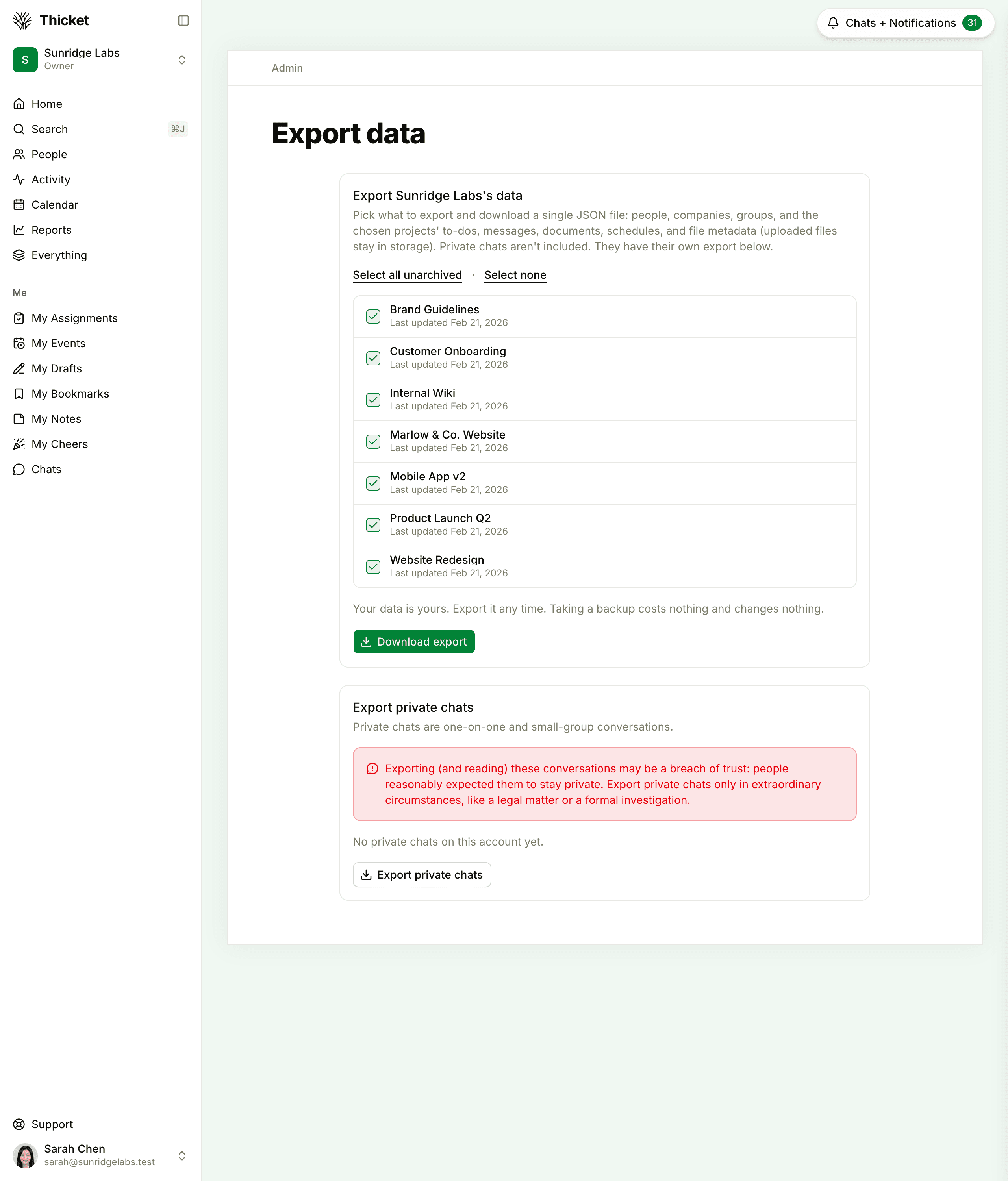 The Export data page, with a list of projects to tick and a Download export button, and the separate Export private chats card below