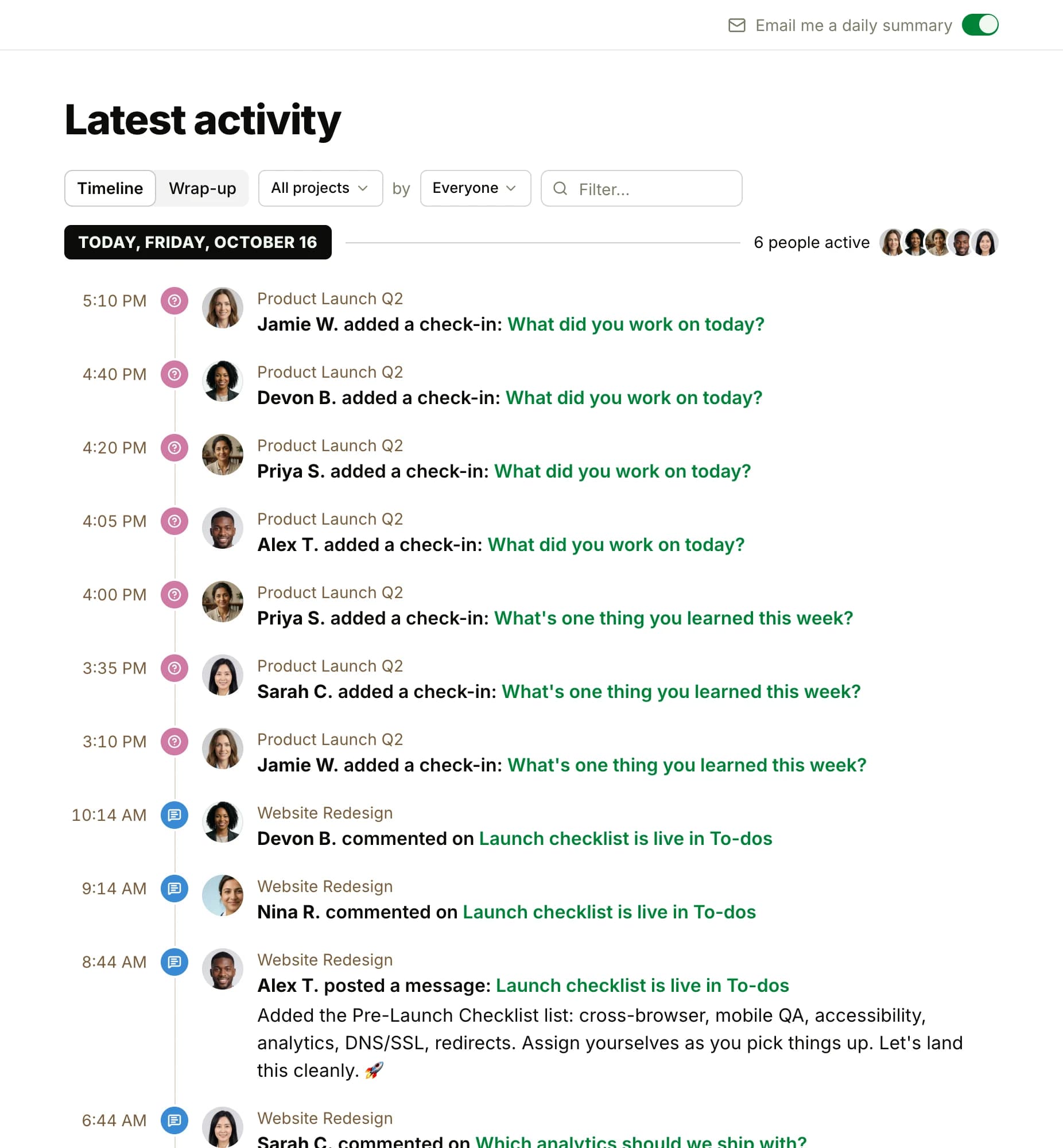 Latest activity across Sunridge Labs: today's rows on a timeline, each a time, a person's face, what they did, the item's title and its project, with the Timeline and Wrap-up tabs, the project and person filters and the daily summary email switch at the top