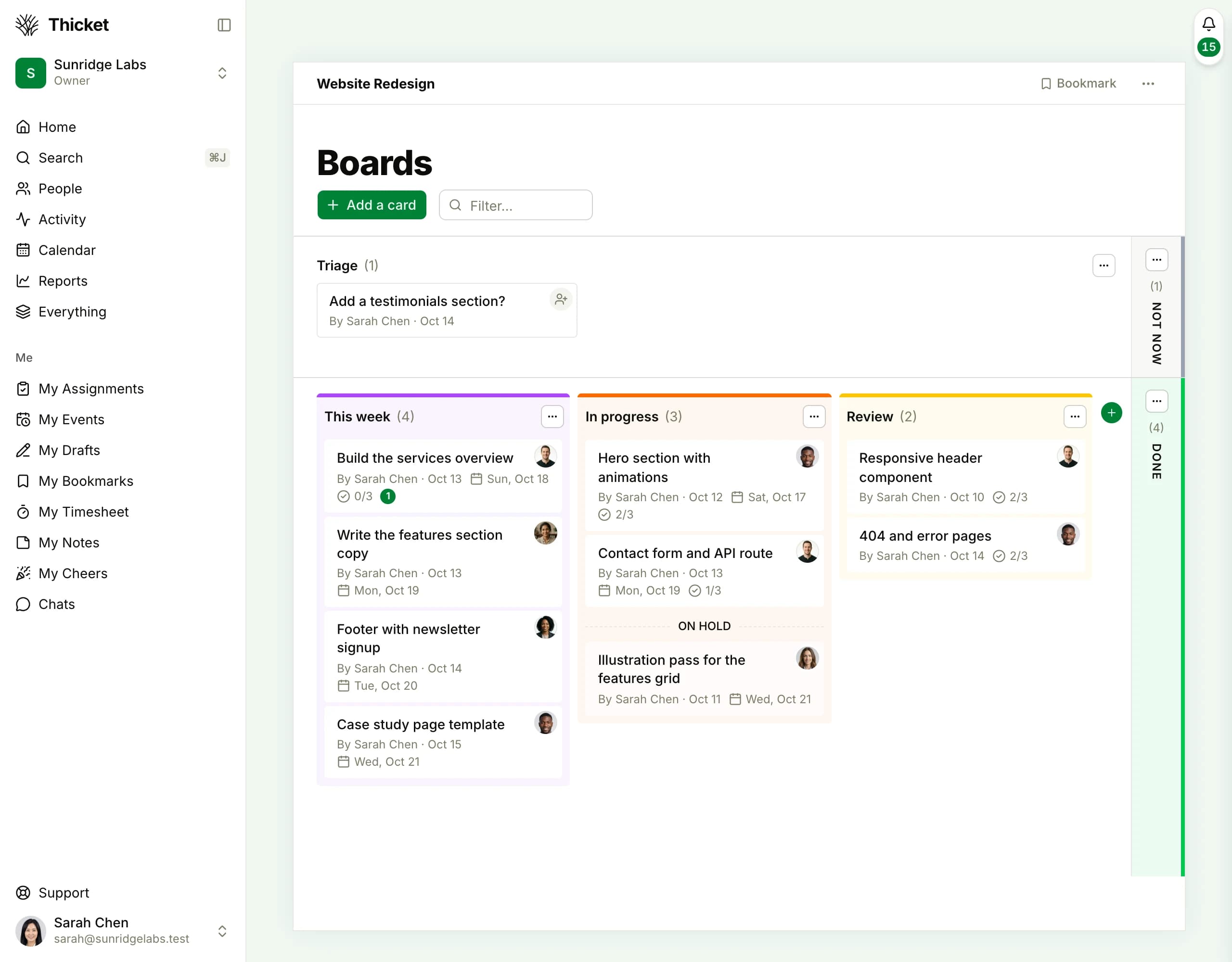 A board in the Website Redesign project: cards in the Triage, Not now, This week, In progress, Review and Done columns, each with an assignee and a due date, and a card on hold in its own section