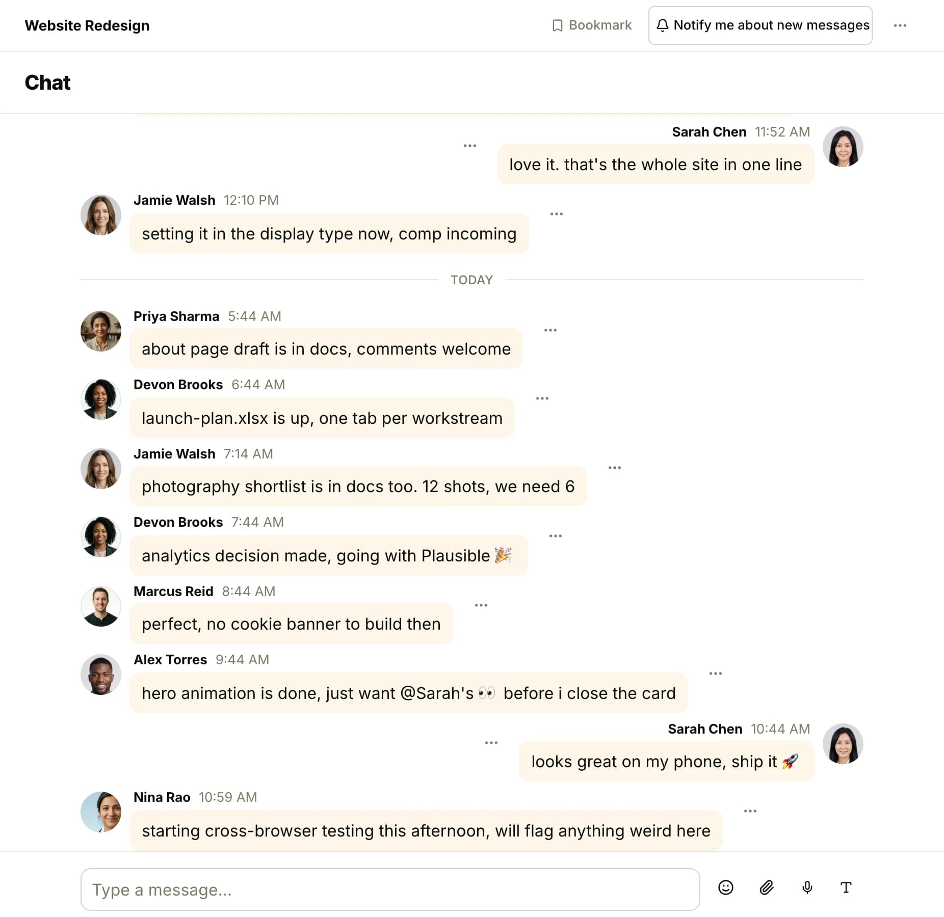 The Website Redesign chat room: two days of lines from the team with their faces and times, including an @-mention, and the box for a new line at the bottom with the emoji, attachment, voice note and formatting buttons