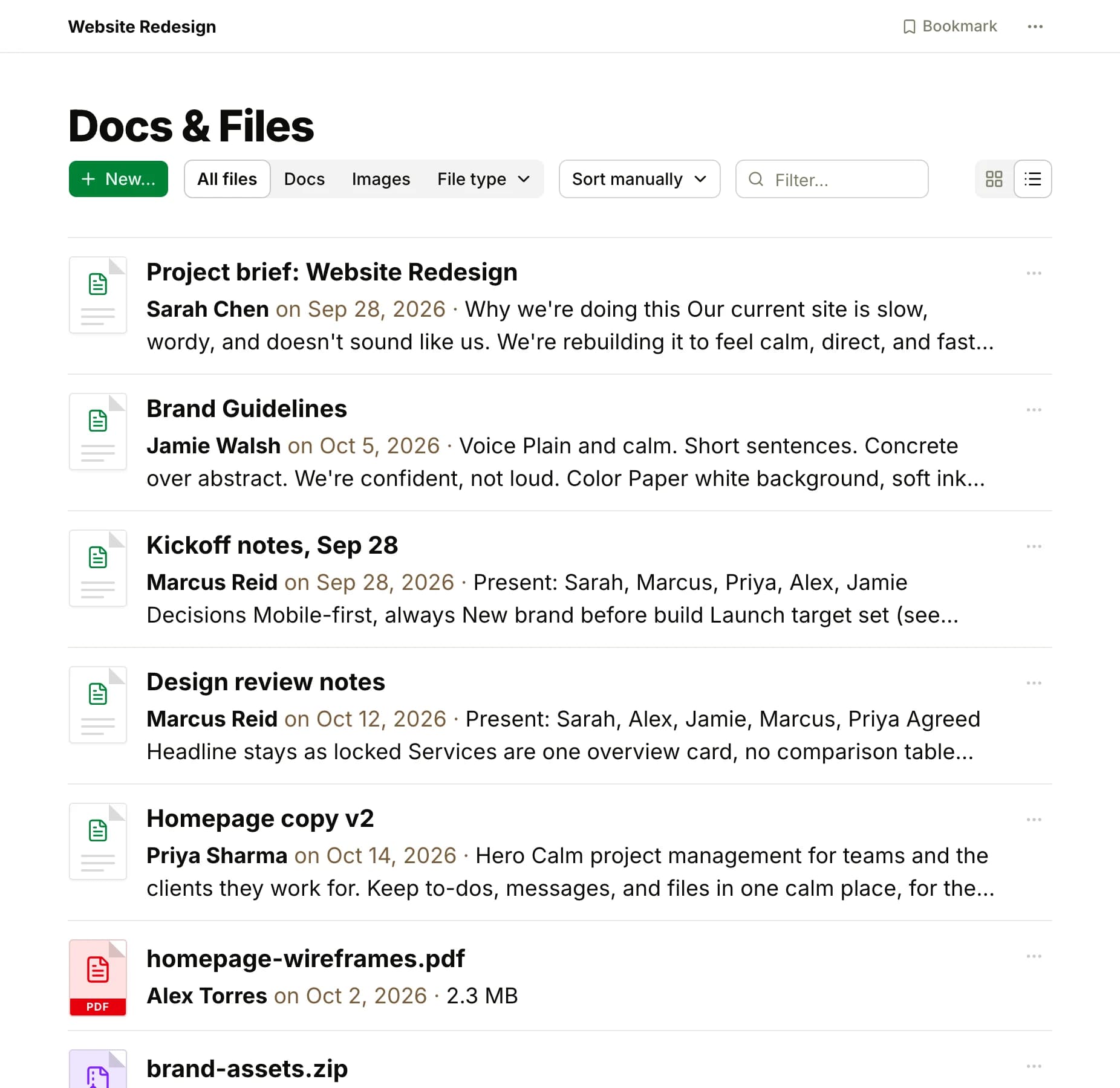 Docs & Files in the Website Redesign project in the grid view: docs as cards with their author, date, title and first lines, and files as PDF, ZIP and XLSX tiles with their name, author, date and size, with the New button, the Docs, Images and File type filters, the sort and the grid or list toggle at the top