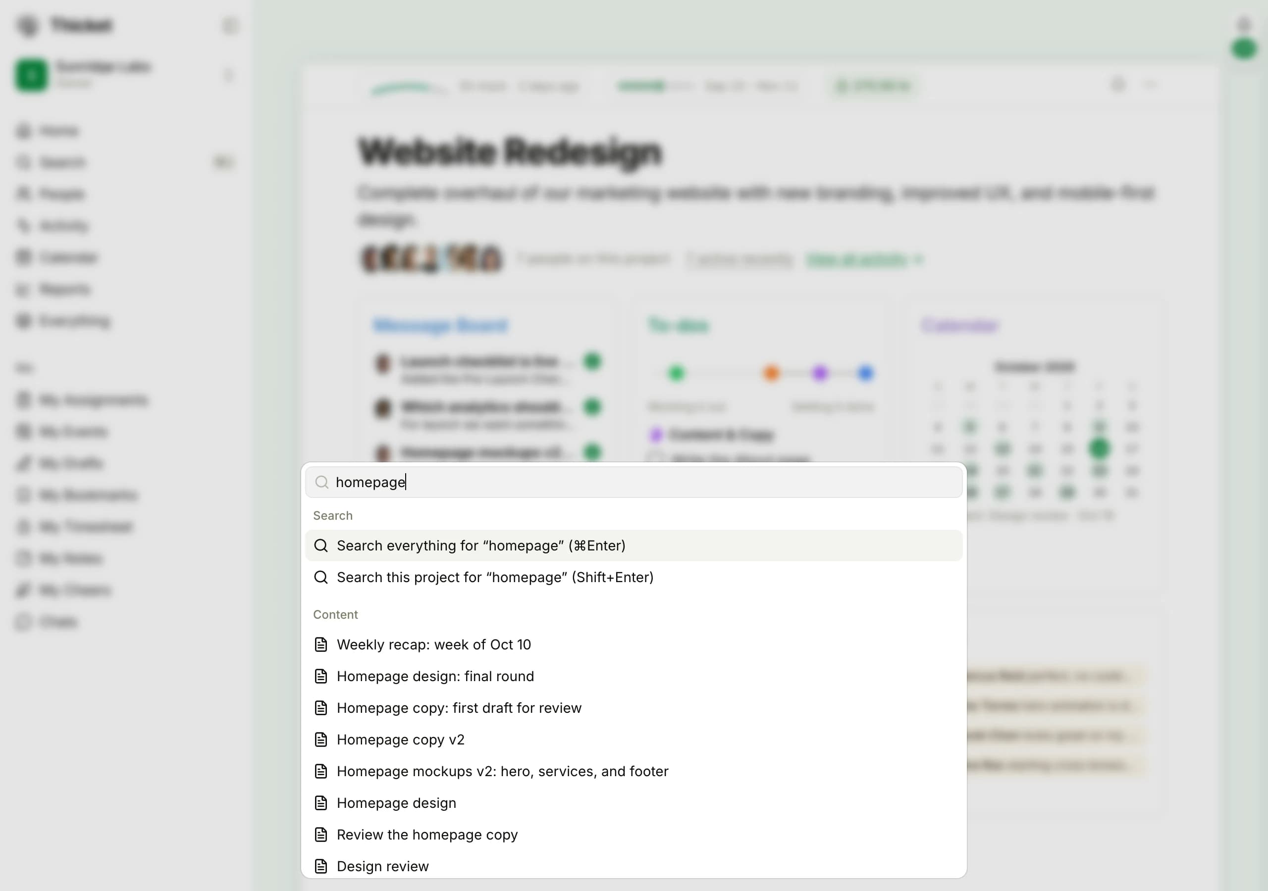 The jump menu open over a blurred project page with homepage typed into it: the Search everything and Search this project rows, then eight matching messages, docs and to-dos under Content