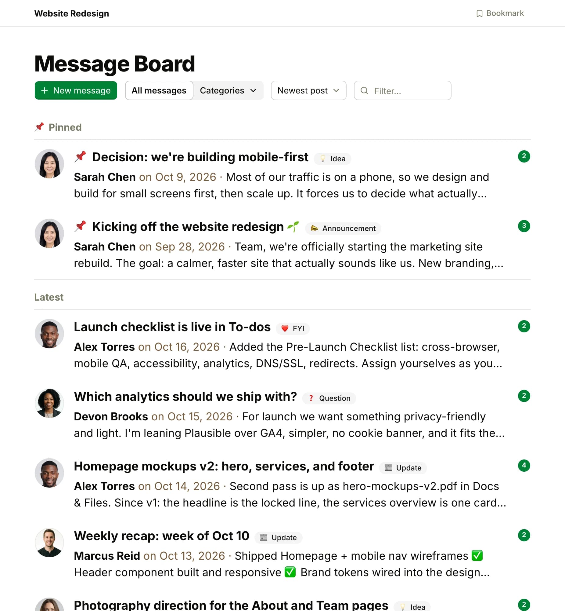 The Message Board of the Website Redesign project: two pinned posts at the top, a decision and the kickoff announcement, then the latest posts, each with the author's face, its title, a category chip, the author and date, its first lines and the count of comments
