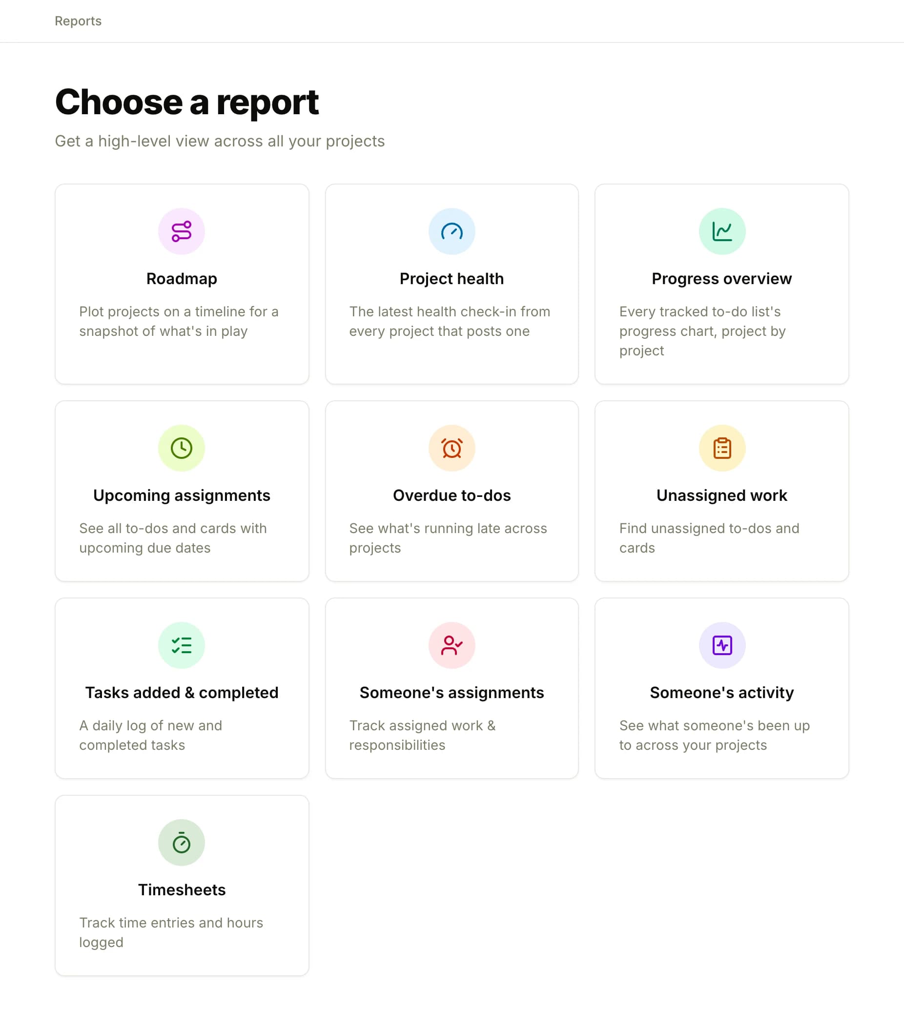 The Reports page: ten tiles, Roadmap, Project health, Progress overview, Upcoming assignments, Overdue to-dos, Unassigned work, Tasks added & completed, Someone's assignments, Someone's activity and Timesheets, each with a line on what it answers