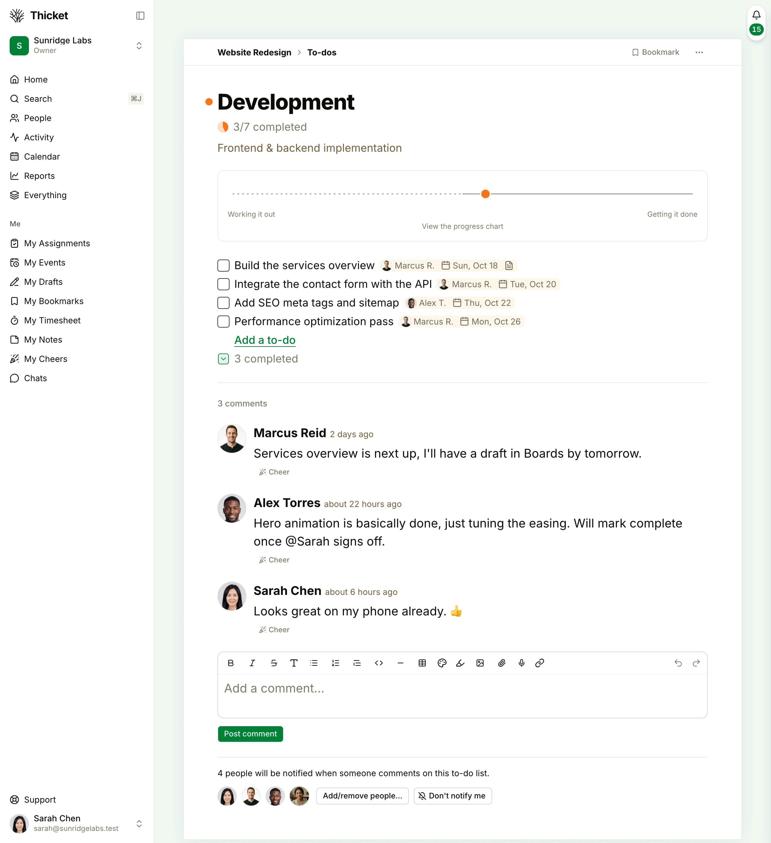 The Development to-do list, 3 of 7 completed: its progress chart, then four open to-dos with their assignee's face and due date, a collapsed row of completed to-dos, three comments under the list and the box for a new one, and the people notified about the list