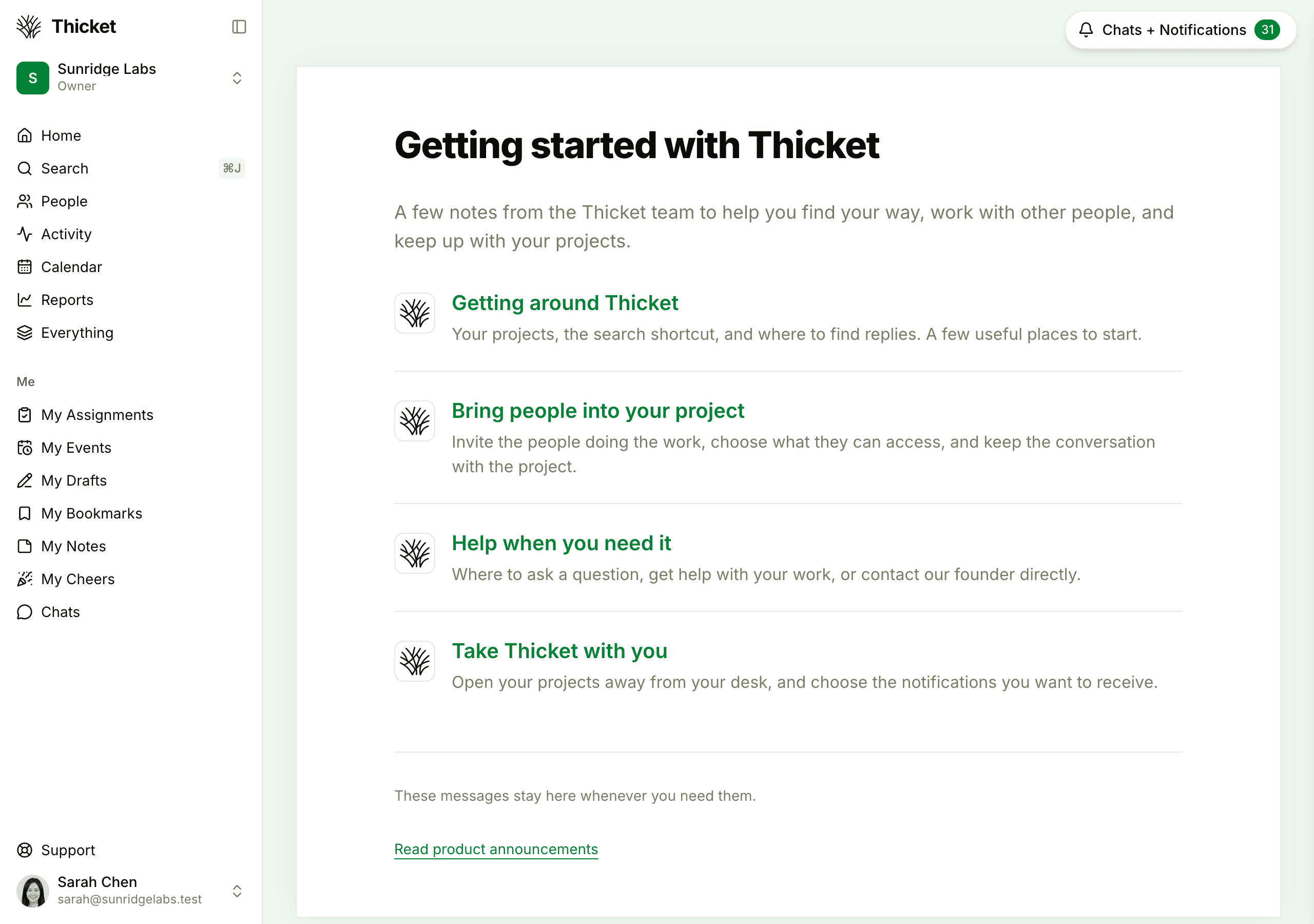 The Getting started with Thicket page as an owner sees it, listing Getting around Thicket, Bring people into your project, Help when you need it, and Take Thicket with you