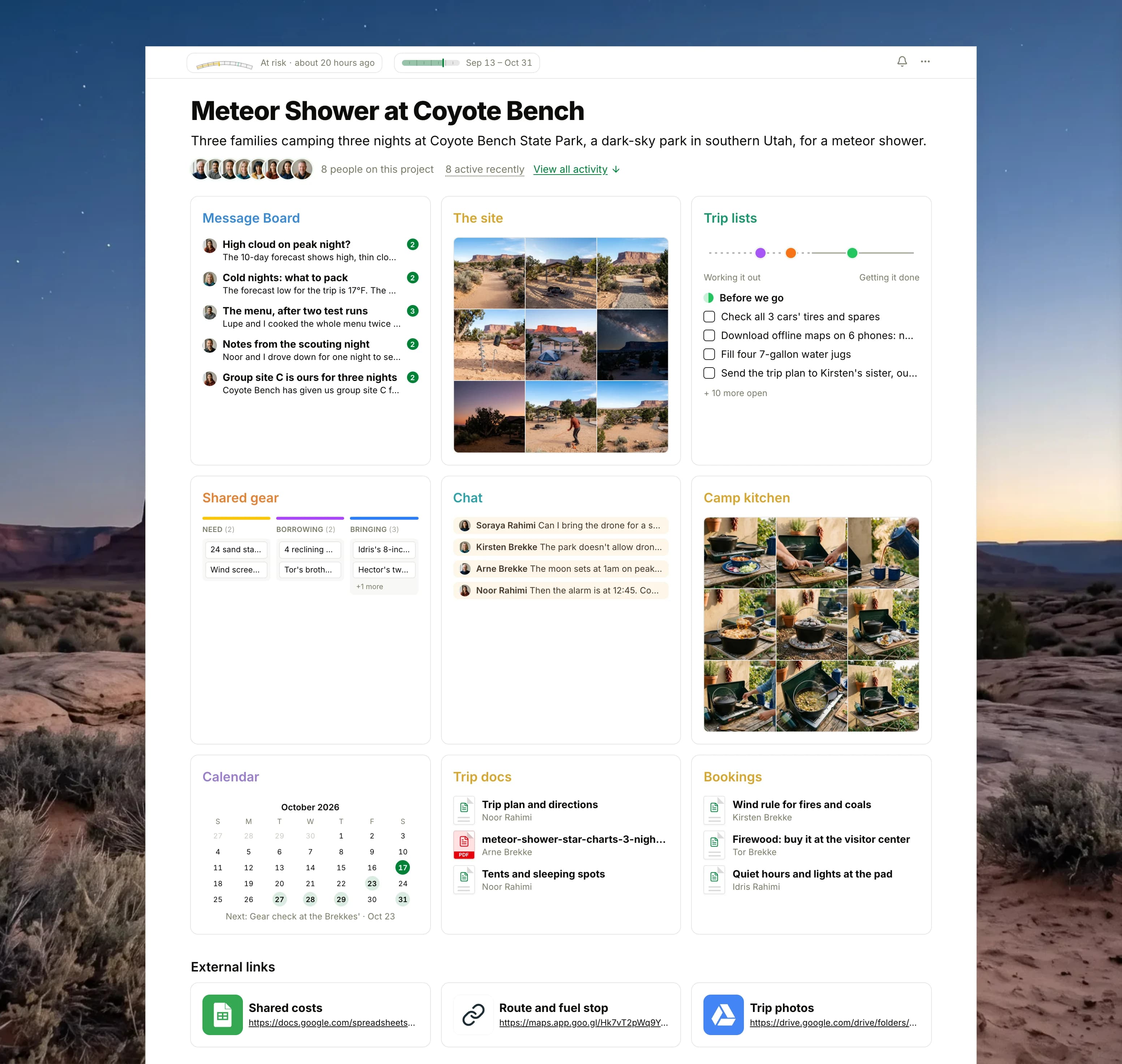 The Meteor Shower at Coyote Bench project in Thicket over a photograph of a red rock desert at dusk with the first stars: the health flag reading At risk, the trip dates and eight people, then nine cards: the Message Board with the cloud forecast for peak night on top, The site as nine photographs of the desert campsite, Trip lists with three lists on the progress chart, the Shared gear board with cards in Need, Borrowing and Bringing, Chat about propane and the meteor watch, Camp kitchen as nine photographs of the menu's test runs, the Calendar with the gear check and peak night, Trip docs with the trip plan, the star charts and the tent plan, and Bookings with the park's rules for fires, firewood and lights, with three external links below.