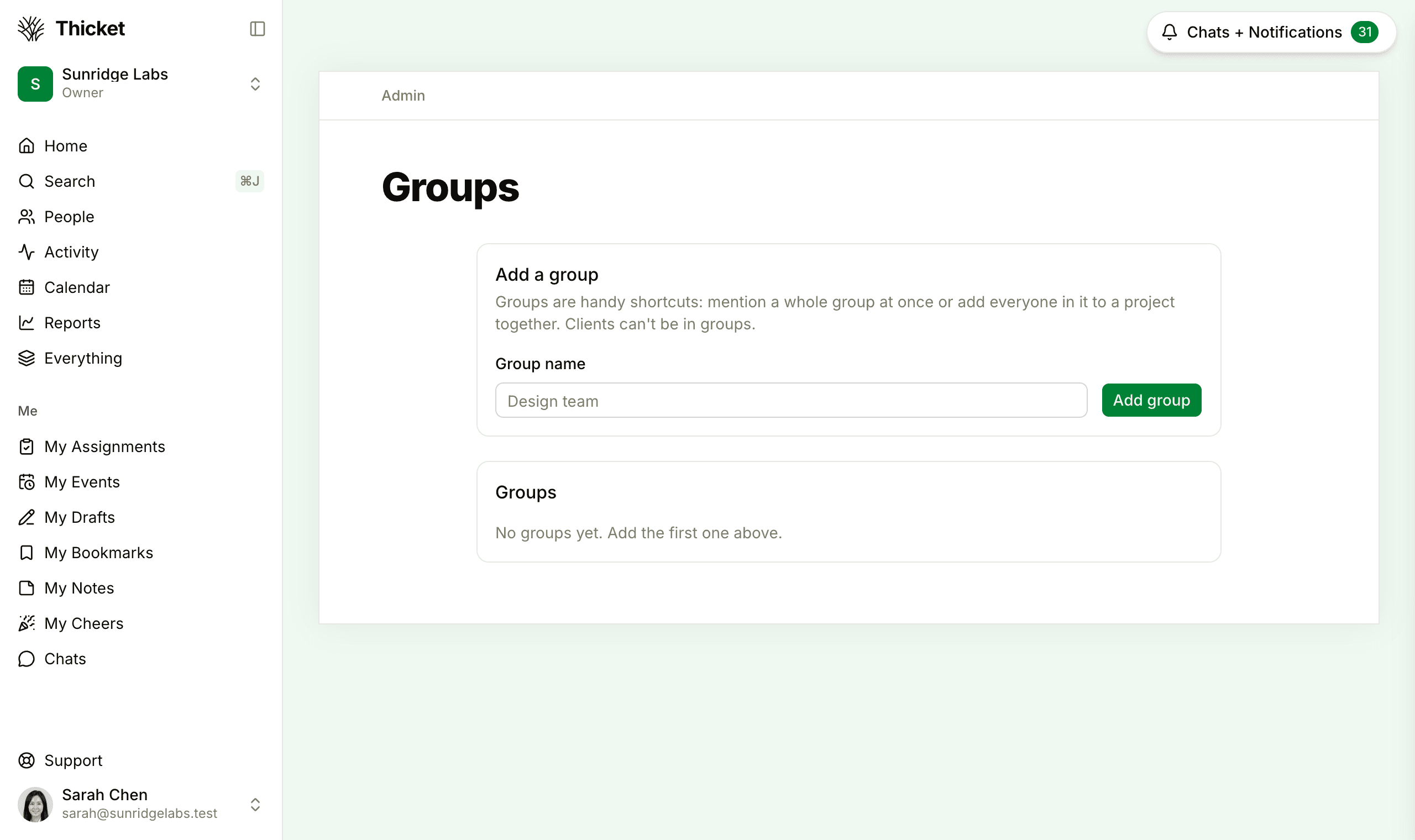 The Groups page in Admin, with the Add a group form and the list of groups, which is empty
