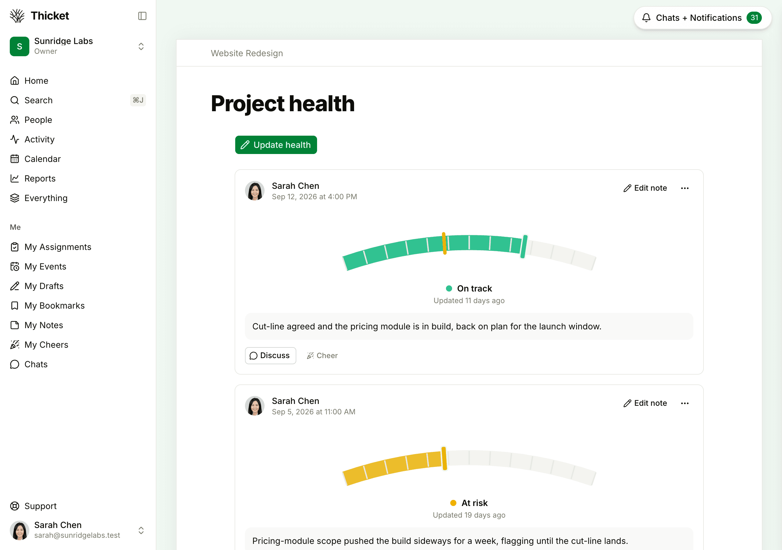 The Project health page, with the Update health button above the newest updates, each showing who posted it, its gauge, status, and note