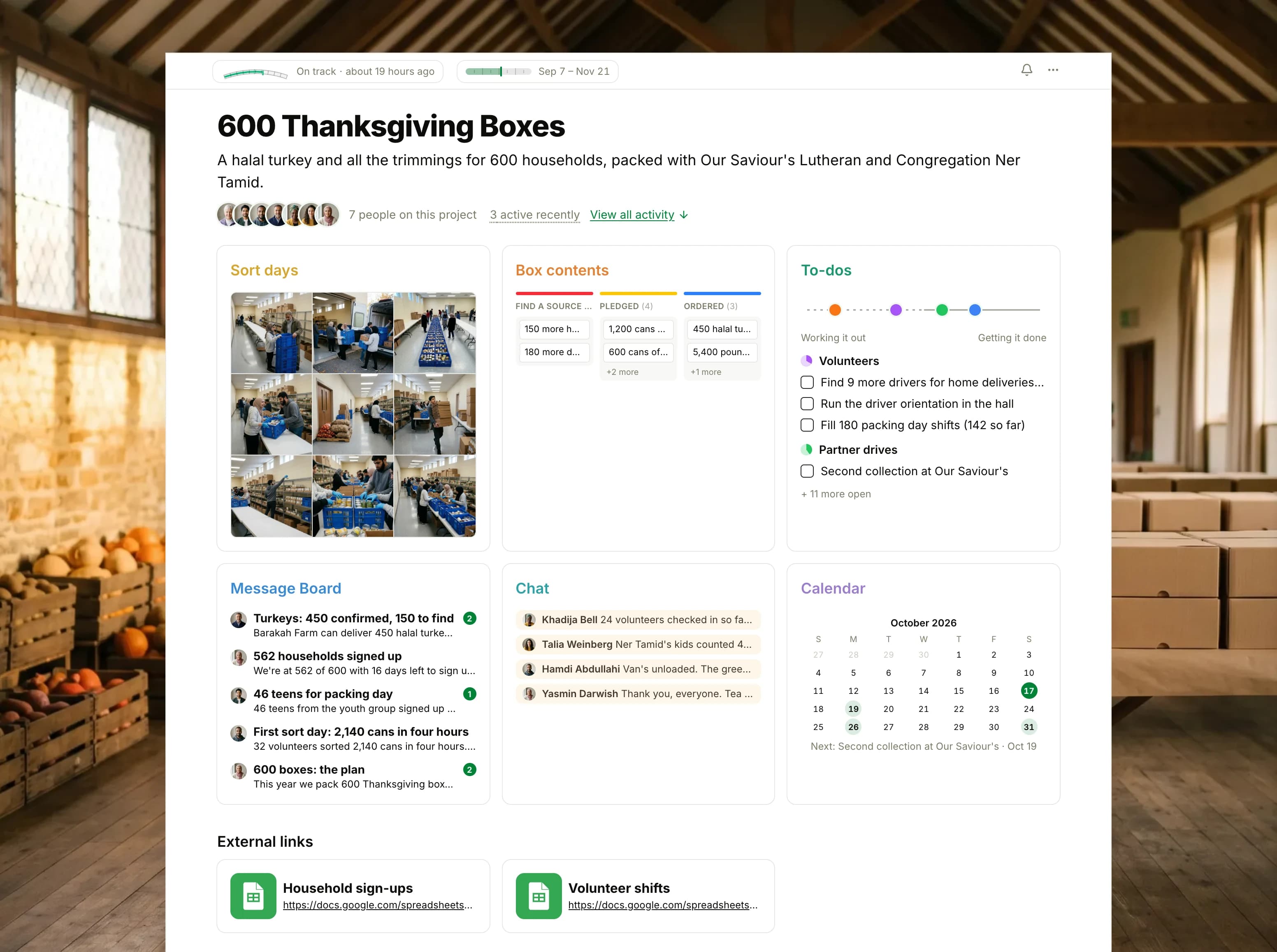 The 600 Thanksgiving Boxes project in Thicket over a photograph of a community hall with long tables of packed cardboard boxes: the health flag reading On track, the drive's dates and seven people, then six cards: Sort days as nine photographs of volunteers sorting cans and produce in the hall, the Box contents board with cards in Requests, Find a source, Pledged and Ordered, To-dos with four lists on the progress chart, the Message Board with the turkey order on top, Chat with this morning's lines from the sort, and the Calendar with today's sort day and the collection at Our Saviour's.