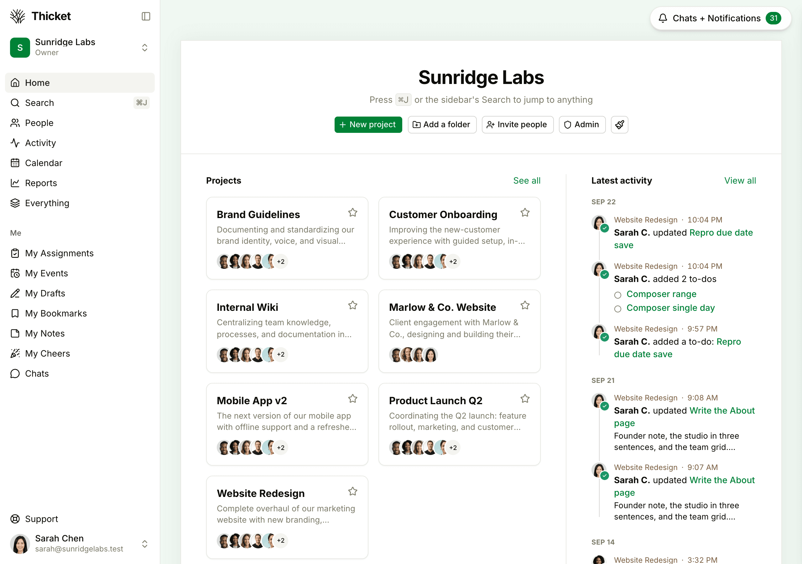 Home for Sunridge Labs, with the organization's name and buttons at the top, project cards on the left, and Latest activity on the right