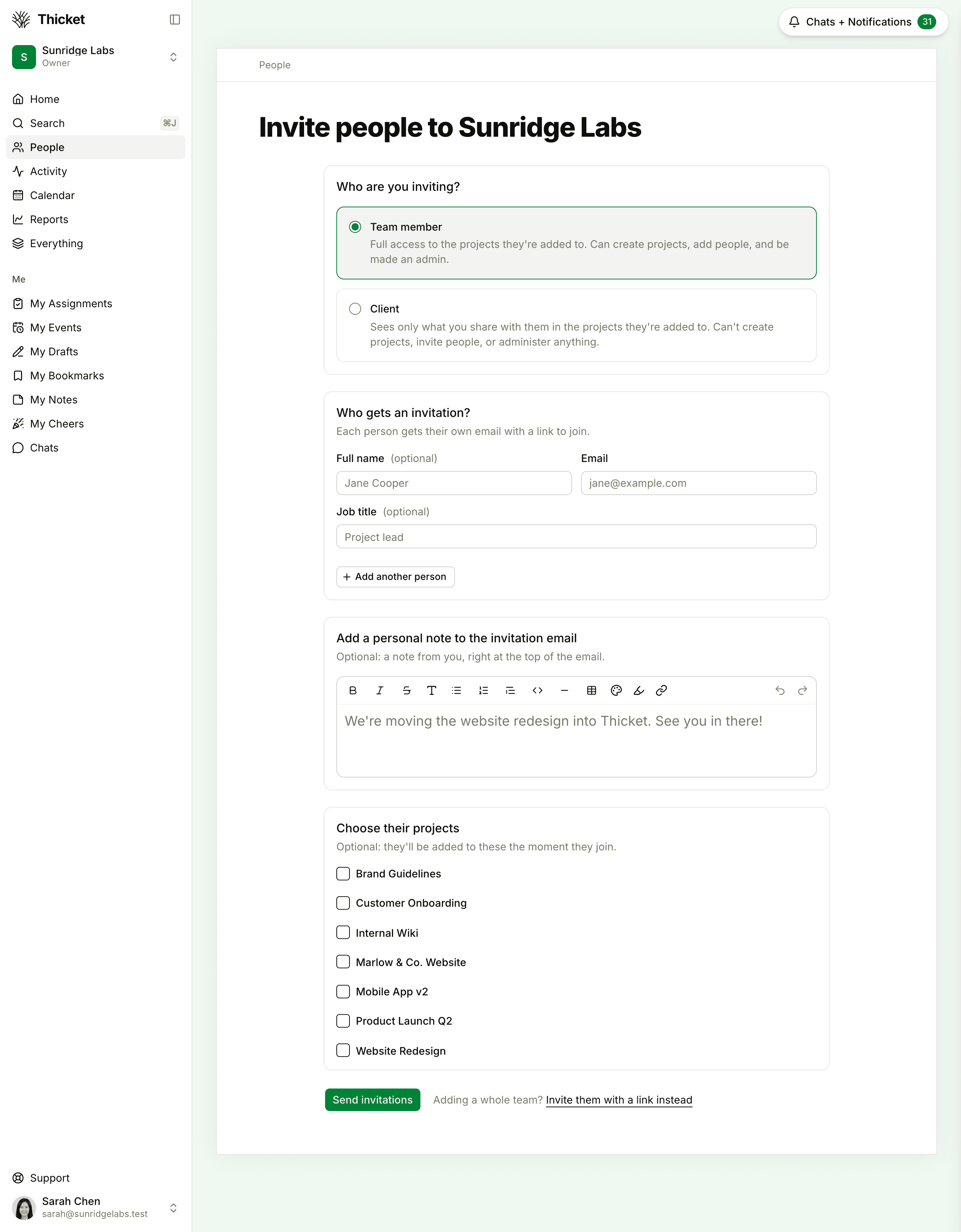 The Invite people page, with the Team member and Client choice, the name, email and job title fields, the personal note, and the project checklist