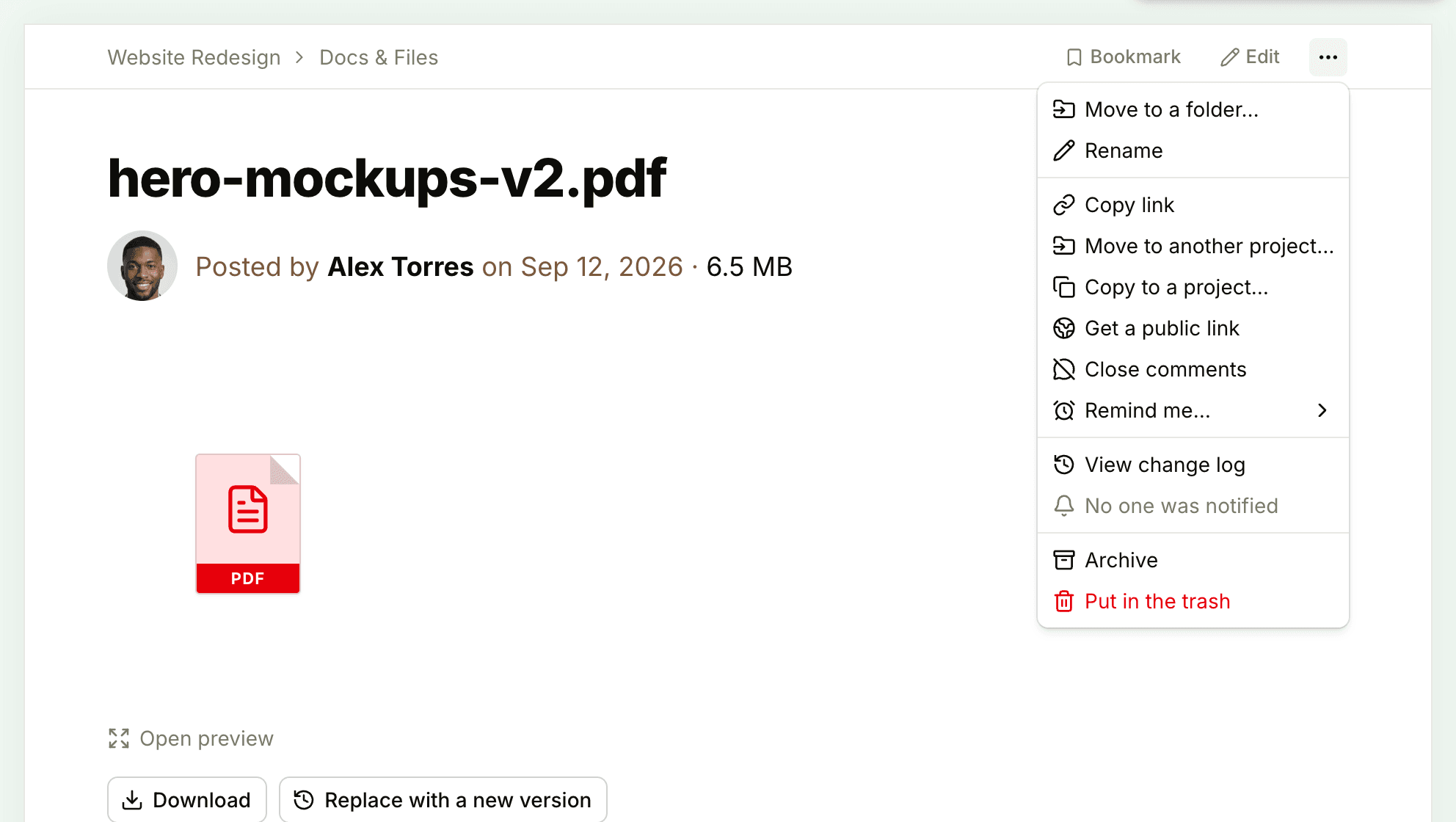 The ••• menu on a file that has no public link yet, open to show Get a public link