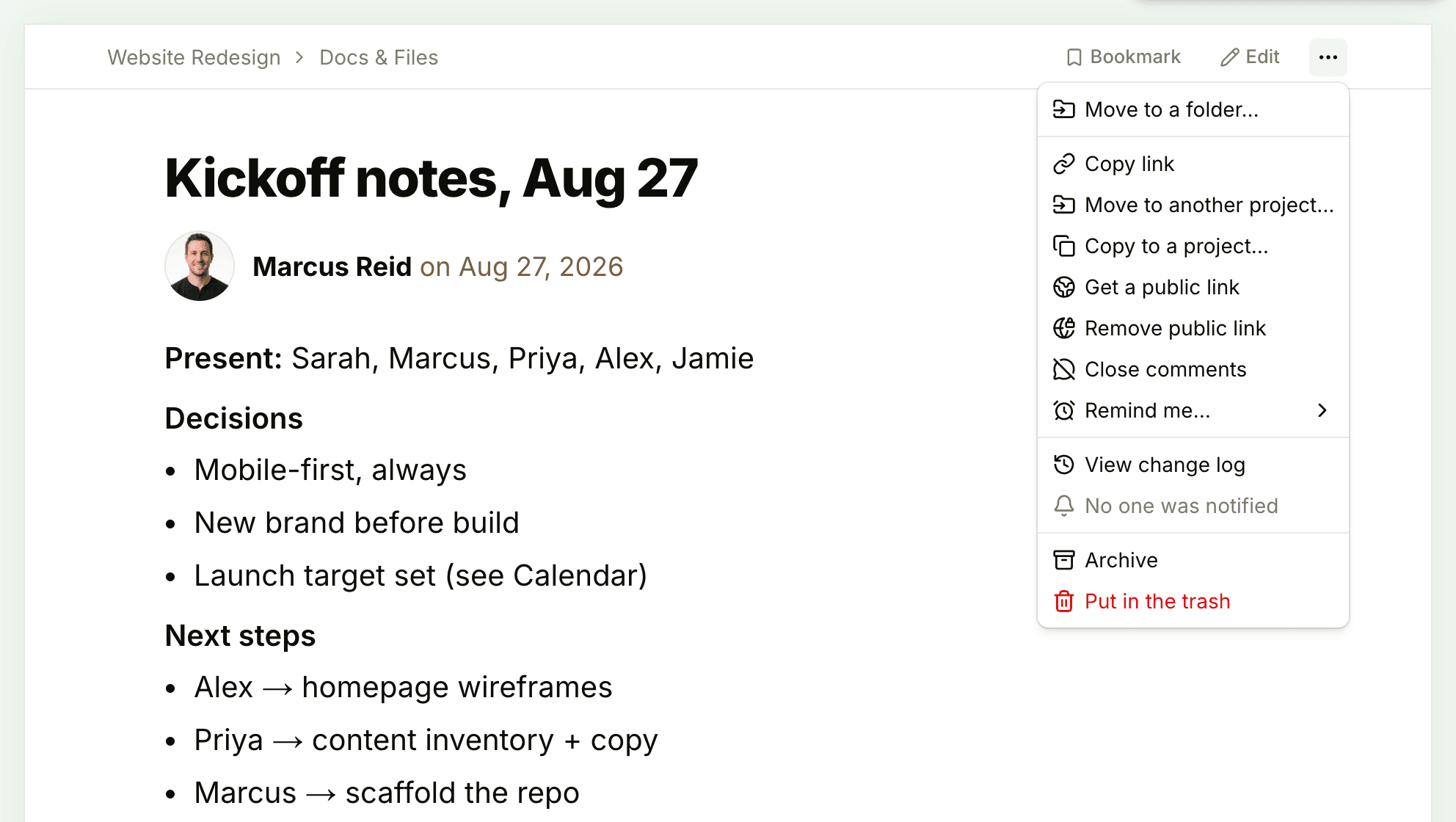 The ••• menu on a doc, with Archive and Put in the trash at the bottom