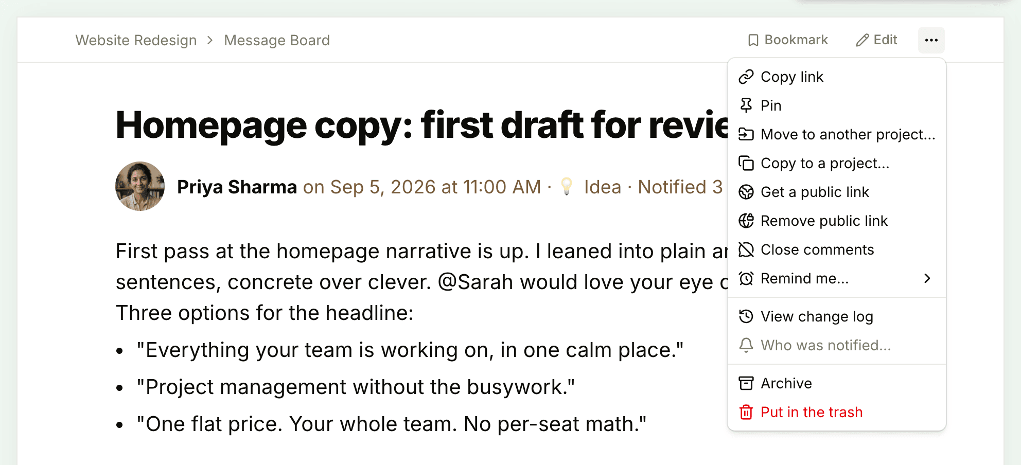 The ••• menu on a message, open to show Move to another project and Copy to a project