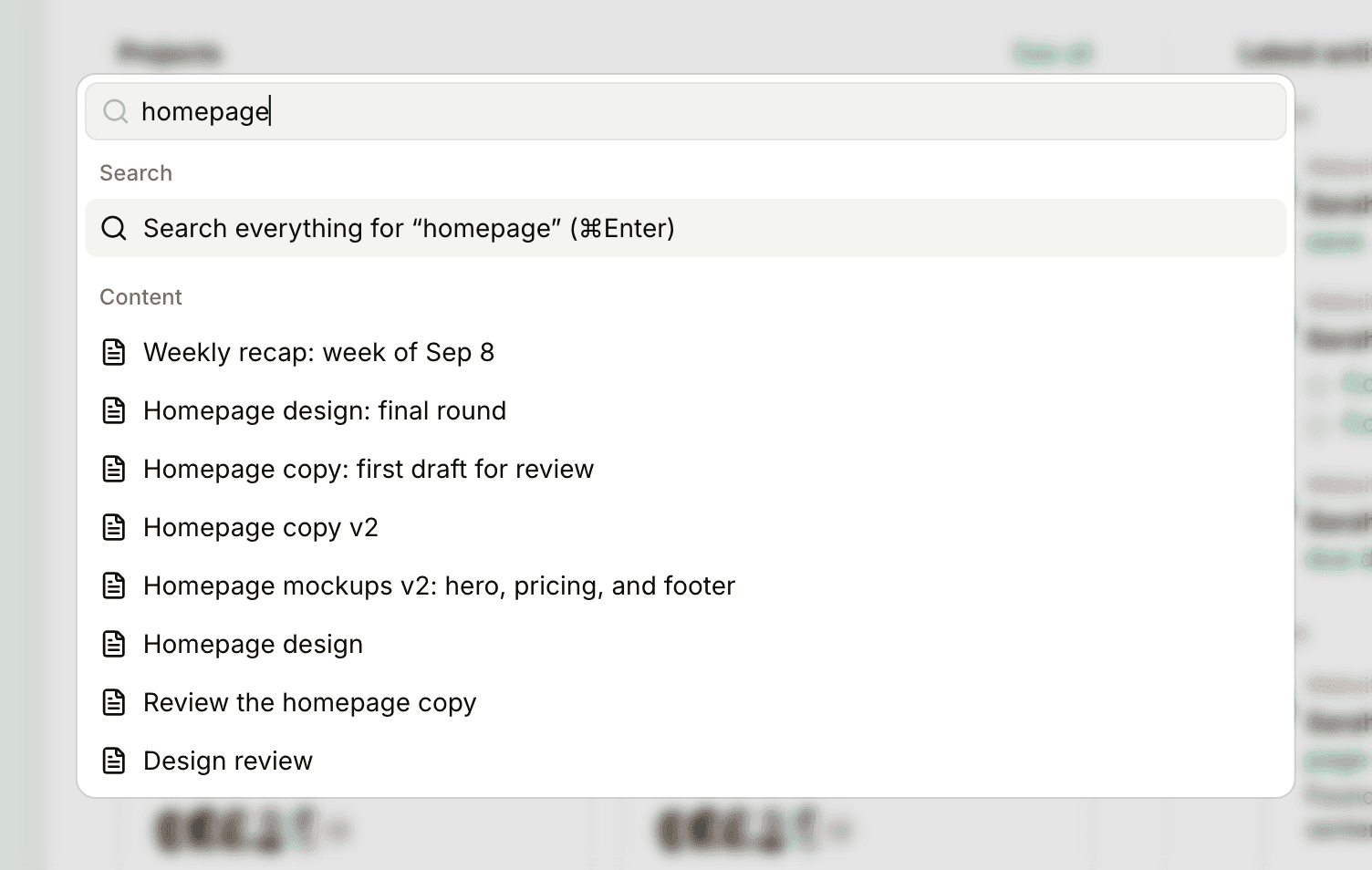 The jump menu with homepage typed in, offering to search everything and listing matching items