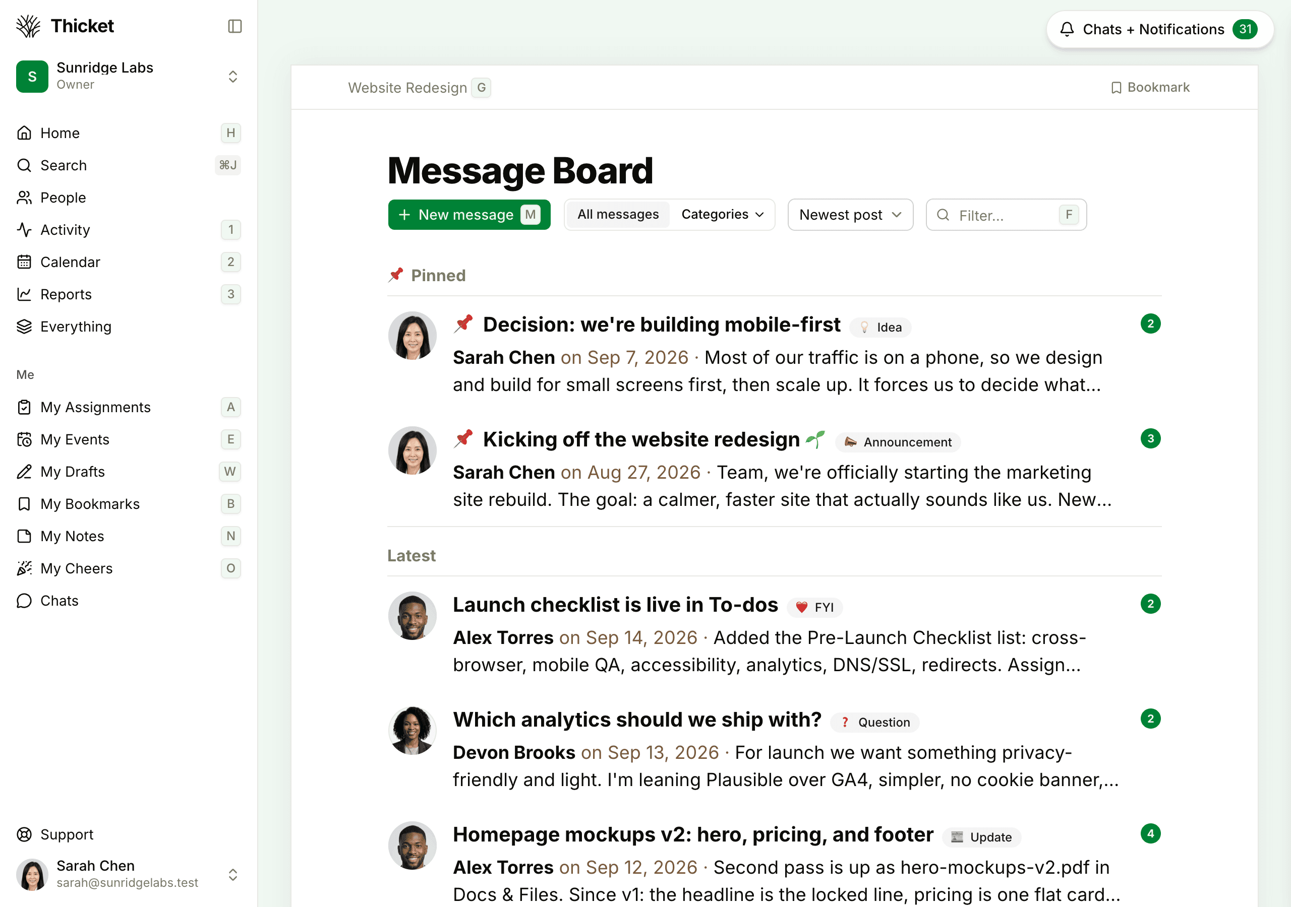 A Message Board with Shift held down, showing key hints next to the sidebar links, the project name, New message, and the Filter box