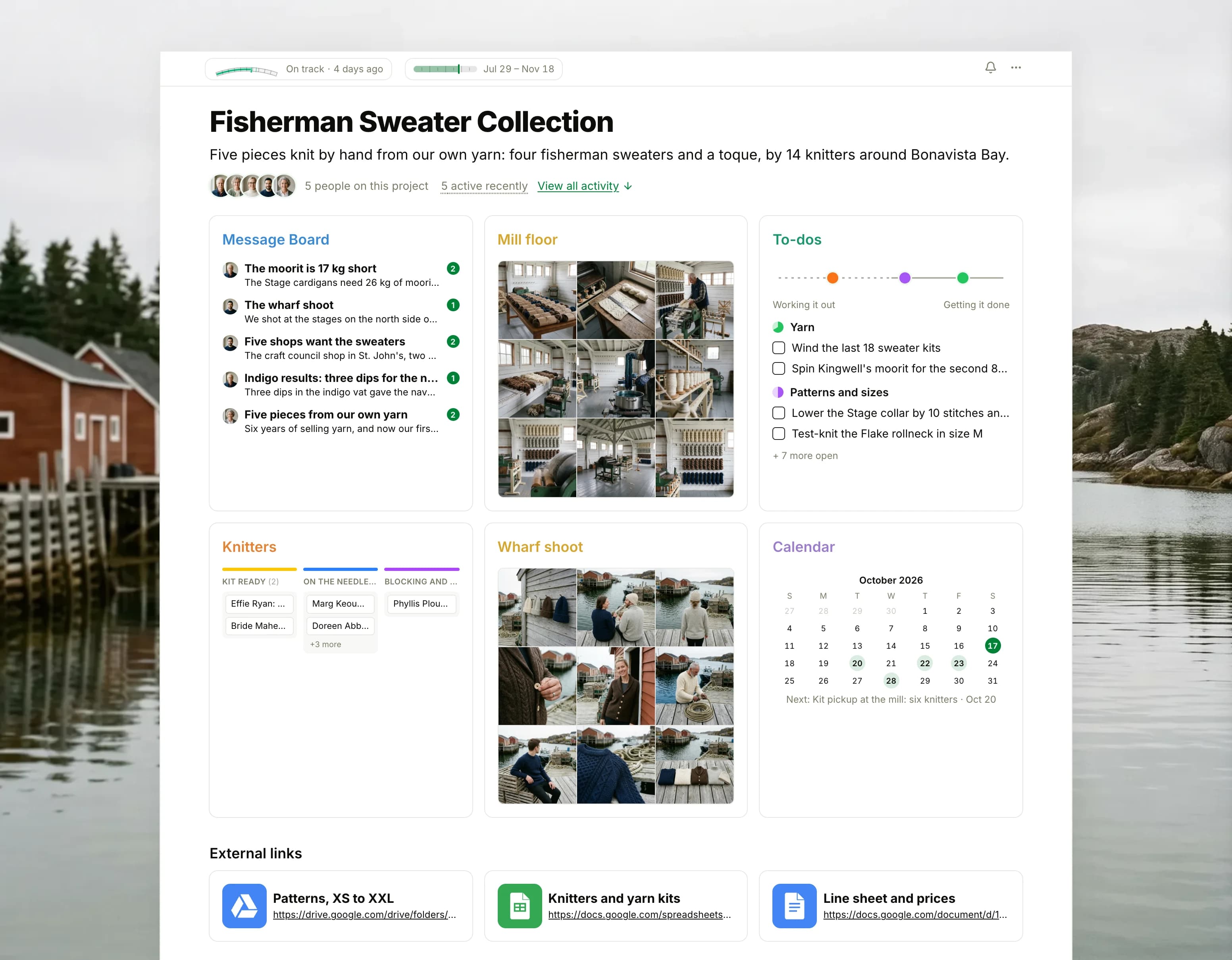 The Fisherman Sweater Collection project in Thicket over a photograph of red ochre fishing sheds along a quiet northern harbor: the health flag reading On track, the collection dates and five people, then six cards: the Message Board with the short brown yarn on top, Mill floor as nine photographs of the mill's machines and yarn, To-dos with three lists on the progress chart, the Knitters board with cards in Kit ready, On the needles and Blocking and checking, Wharf shoot as nine photographs of the sweaters worn on a fishing wharf, and the Calendar with the next kit pickup, then External links to the patterns, the knitters' kits and the line sheet.