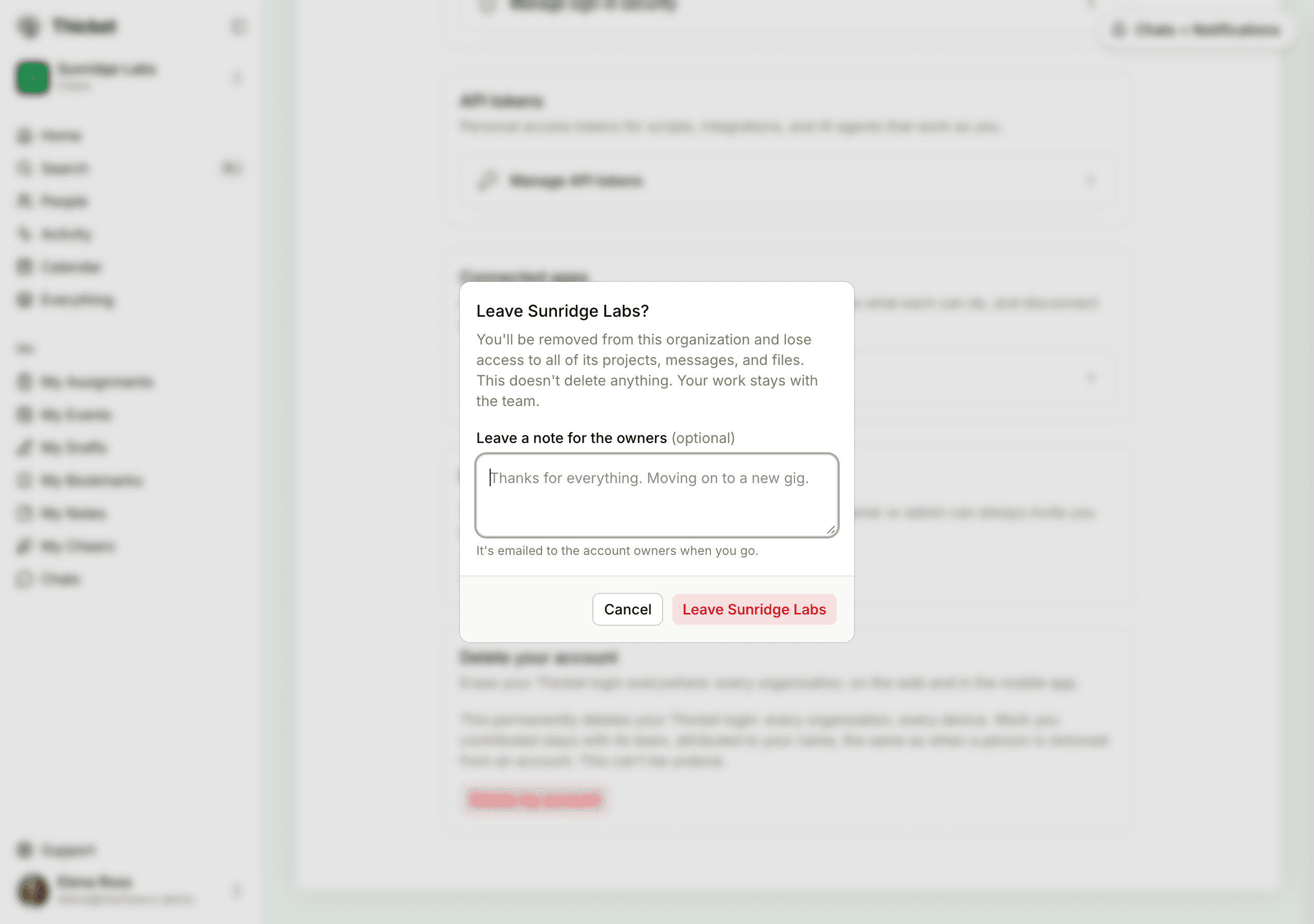 The Leave dialog, with an optional note for the owners and the Cancel and Leave buttons