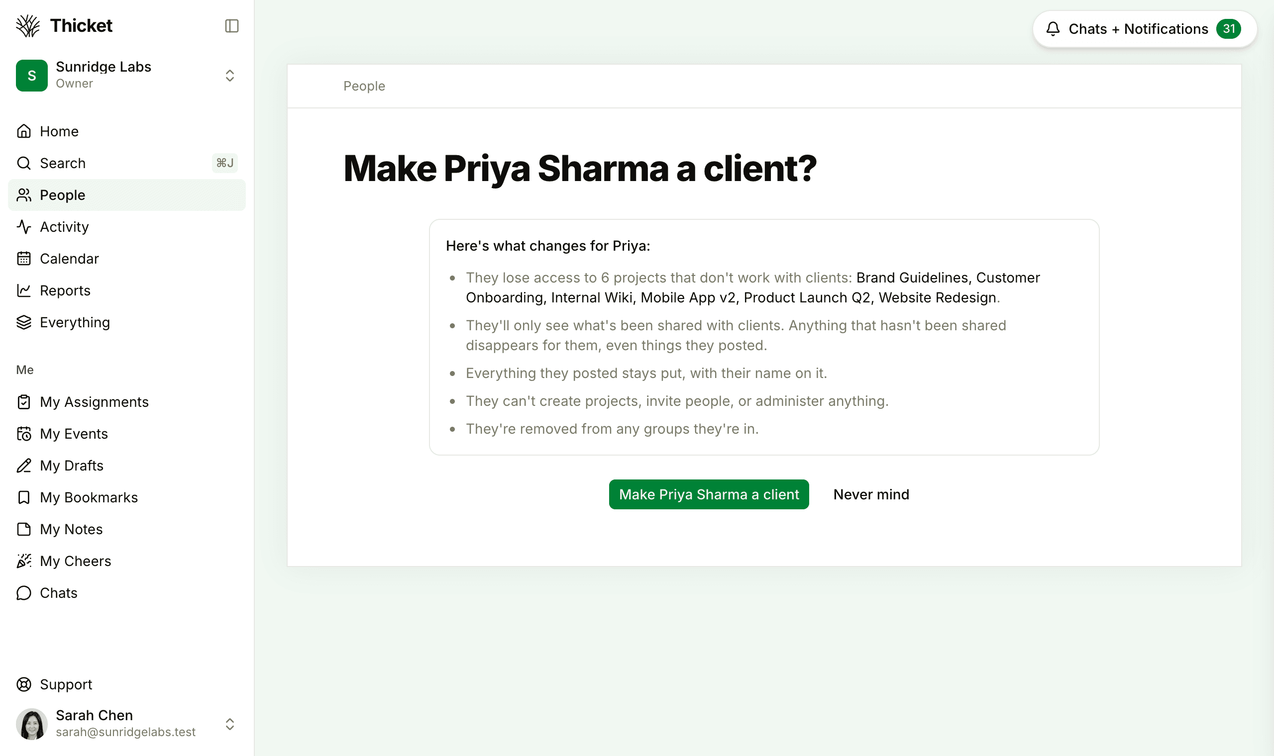 The Make Priya Sharma a client page, listing what changes for her, with the confirm and Never mind buttons