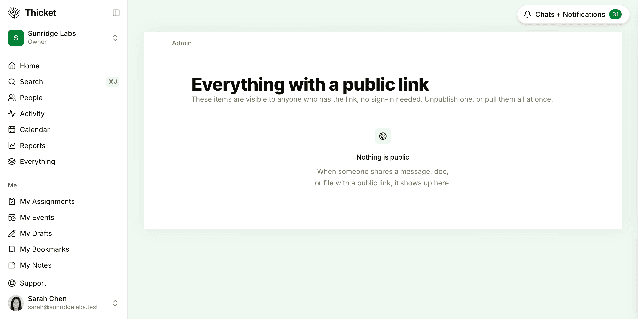 The Manage public items page in Admin, headed Everything with a public link, before anything has been shared