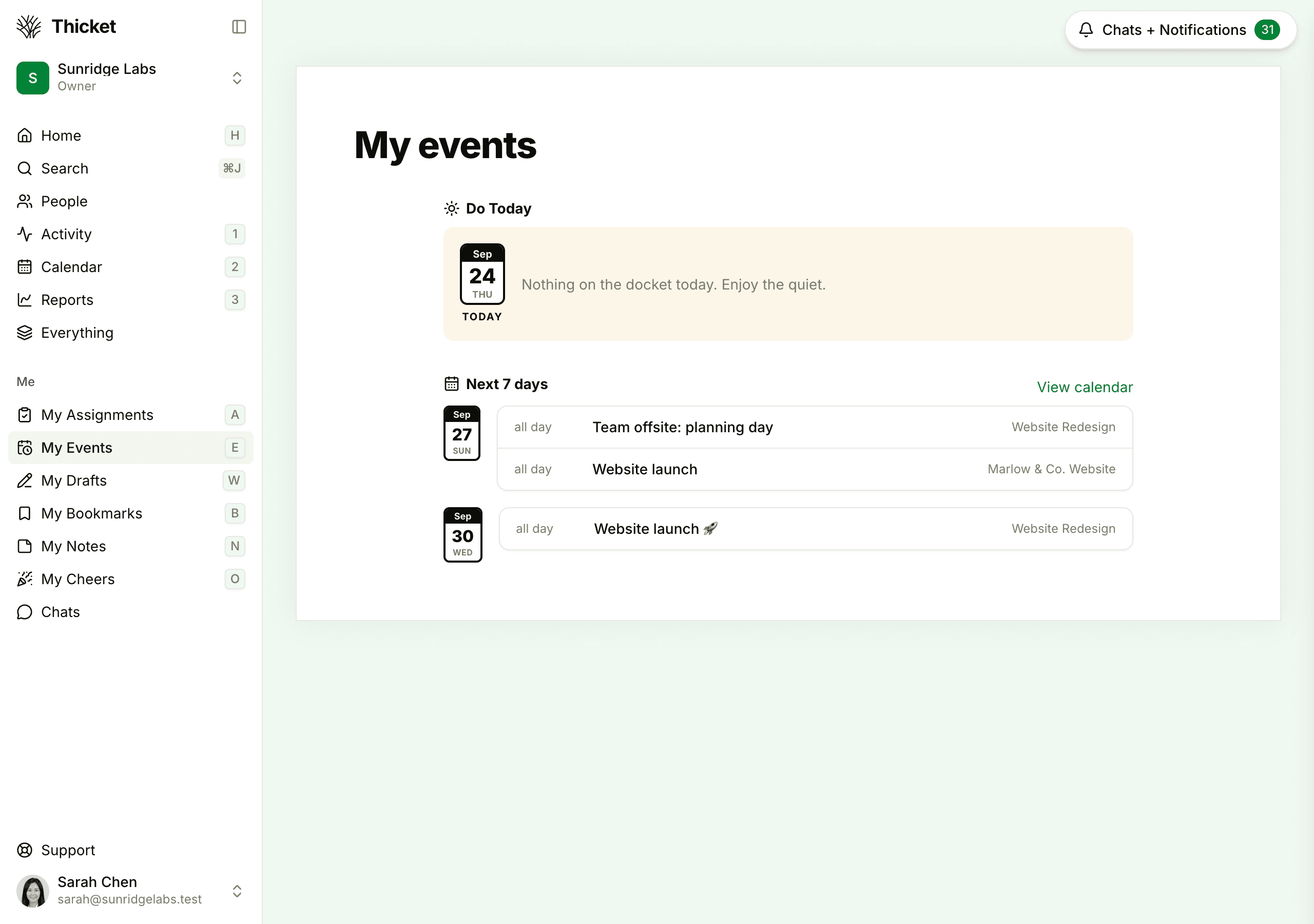 The sidebar with Shift held down, showing a shortcut letter next to each item in the Me section, beside the My events page