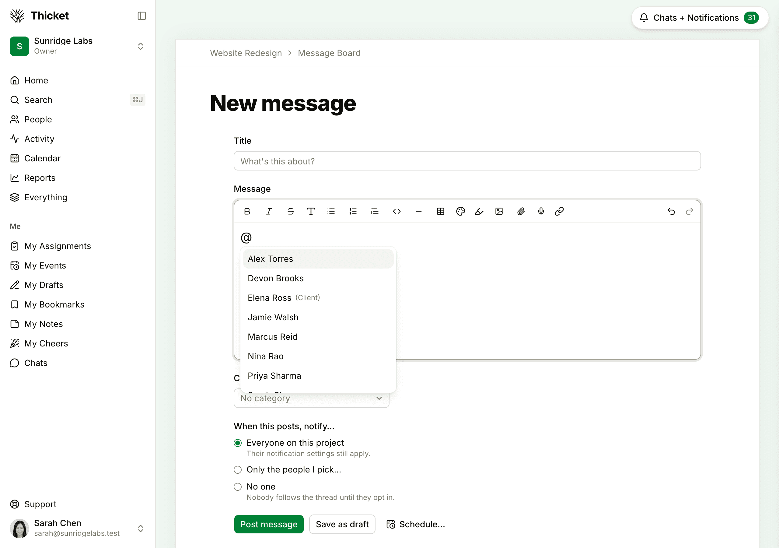 The New message form with @ typed in the message and a list of suggested people below it, one of them marked (Client)
