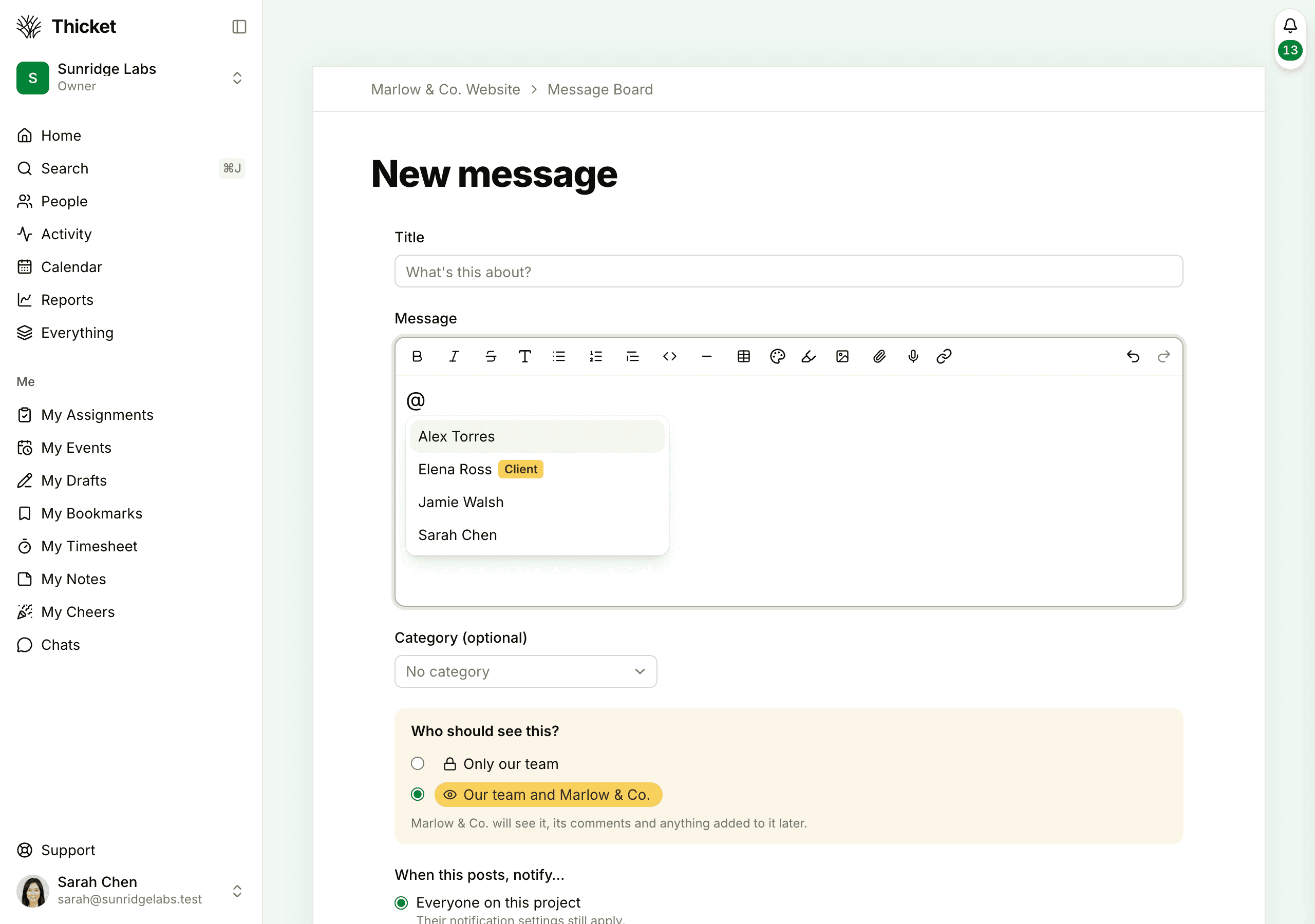 The New message form with @ typed in the message and a list of suggested people below it, one of them tagged Client