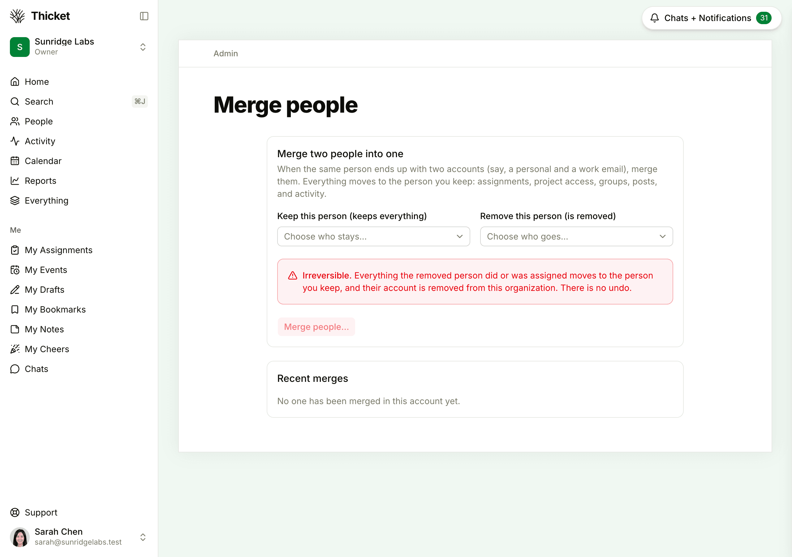 The Merge people page, with a menu to choose the person to keep, a menu to choose the person to remove, a warning that merging is irreversible, and the Recent merges list below