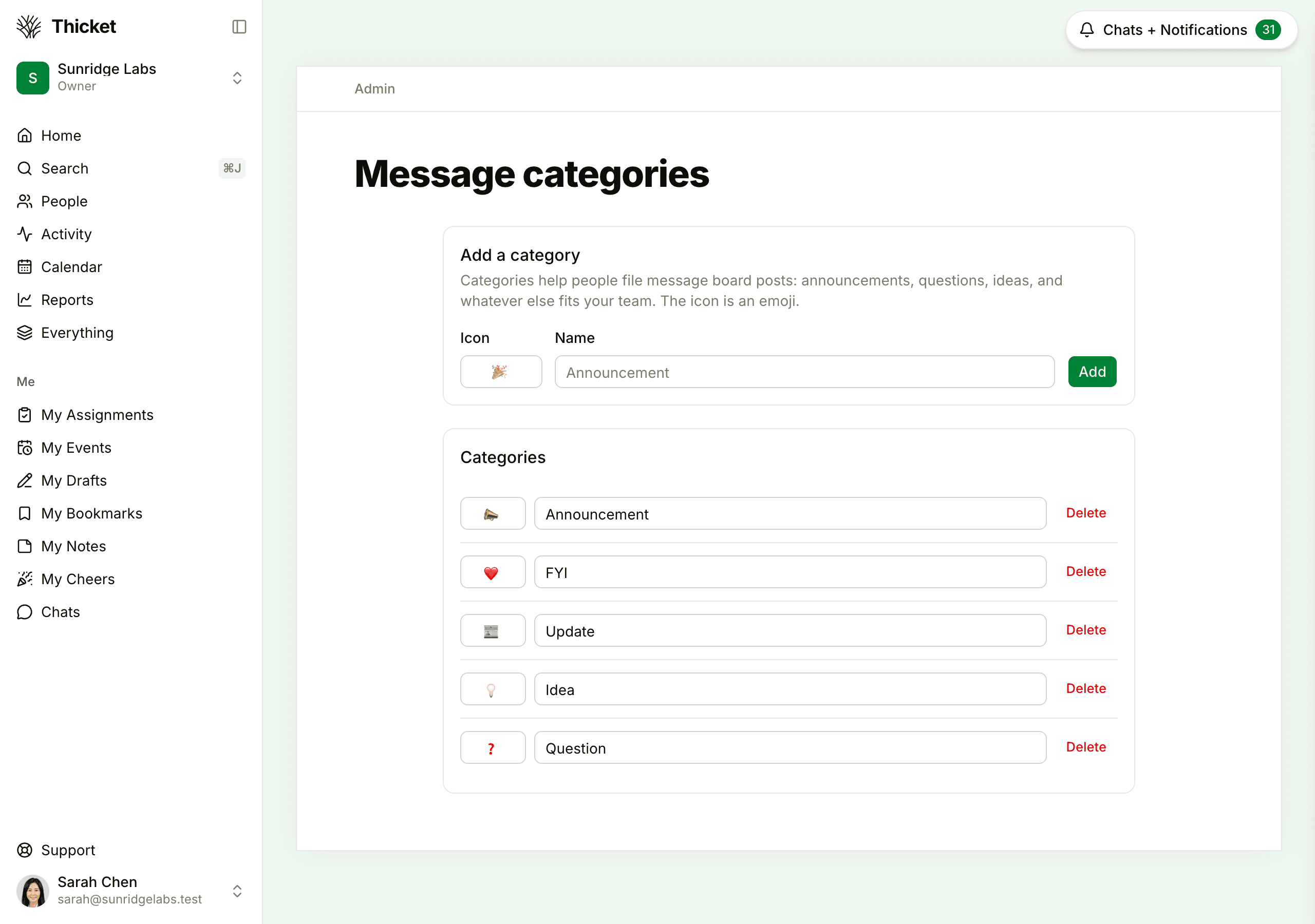 The Message categories page, with an Add a category card holding Icon and Name fields, and the list of categories below it, each with a Delete button