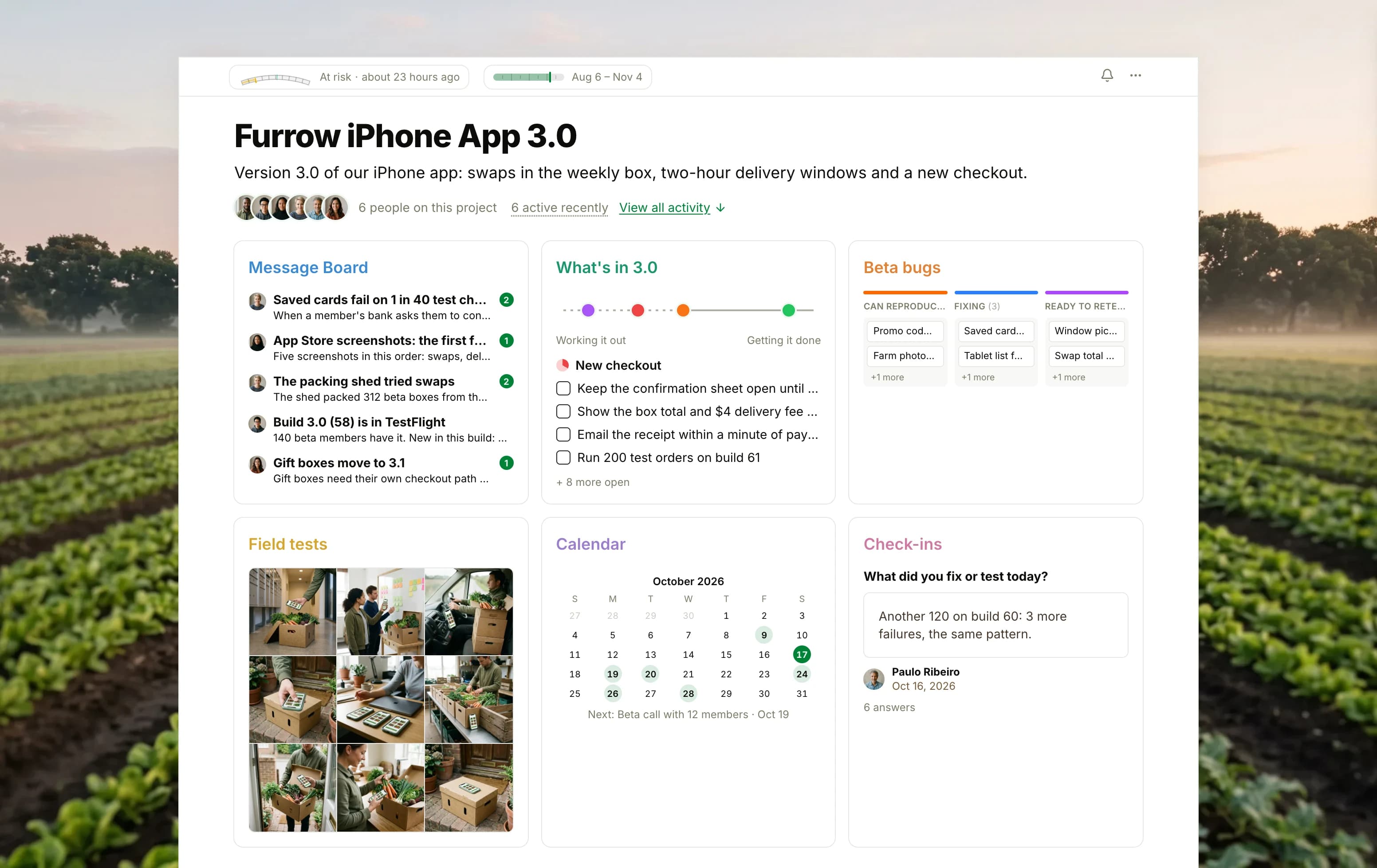 The Furrow iPhone App 3.0 project in Thicket over a photograph of vegetable rows in a misty field at sunrise: the health flag reading At risk, the release dates and six people, then six cards: the Message Board with the saved card failures on top, What's in 3.0 with four lists on the progress chart, the Beta bugs board with cards in Can reproduce, Fixing and Ready to retest, Field tests as nine photographs of the app in use with farm boxes, the Calendar with a beta call next, and Check-ins with the latest answer to What did you fix or test today.