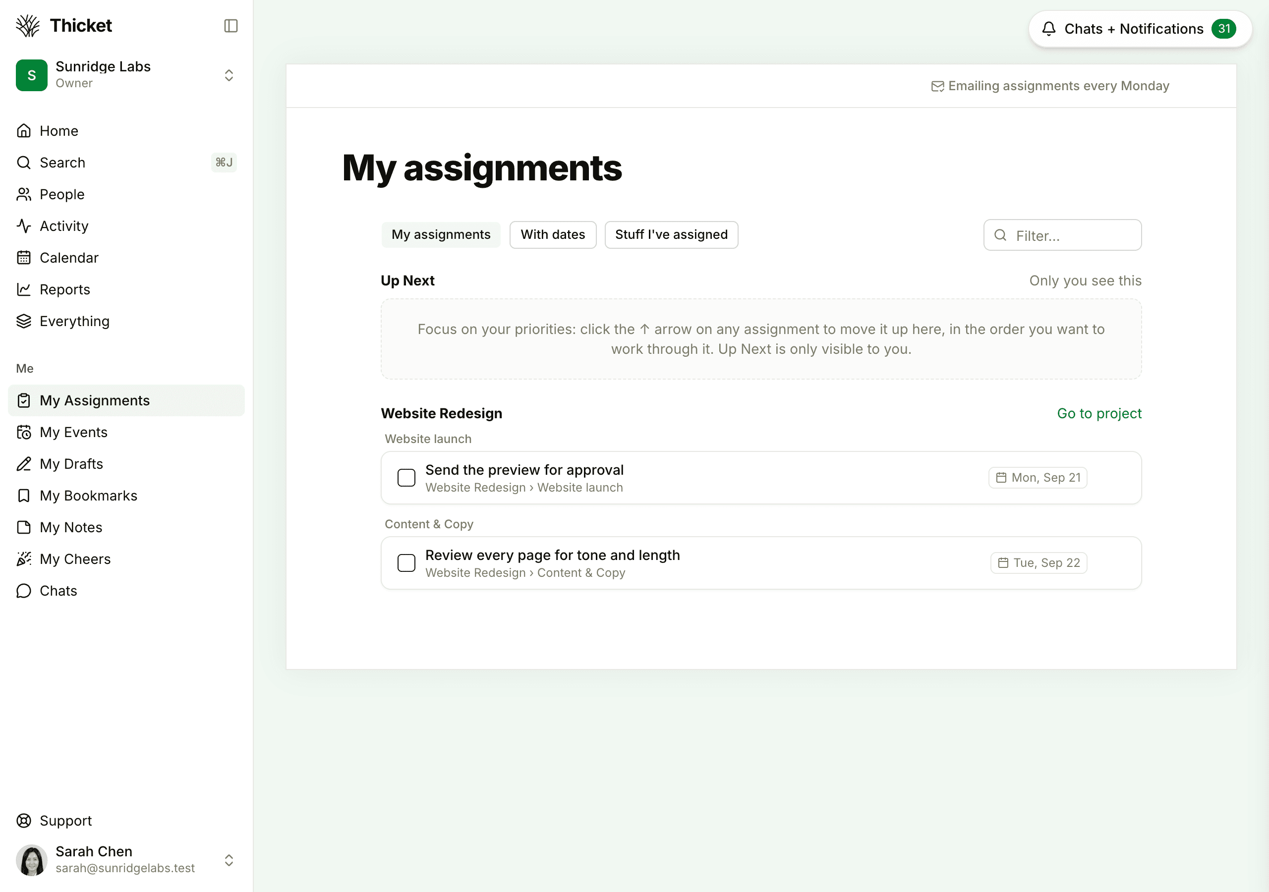 The My assignments page, with the Up Next section at the top and assignments grouped by project below