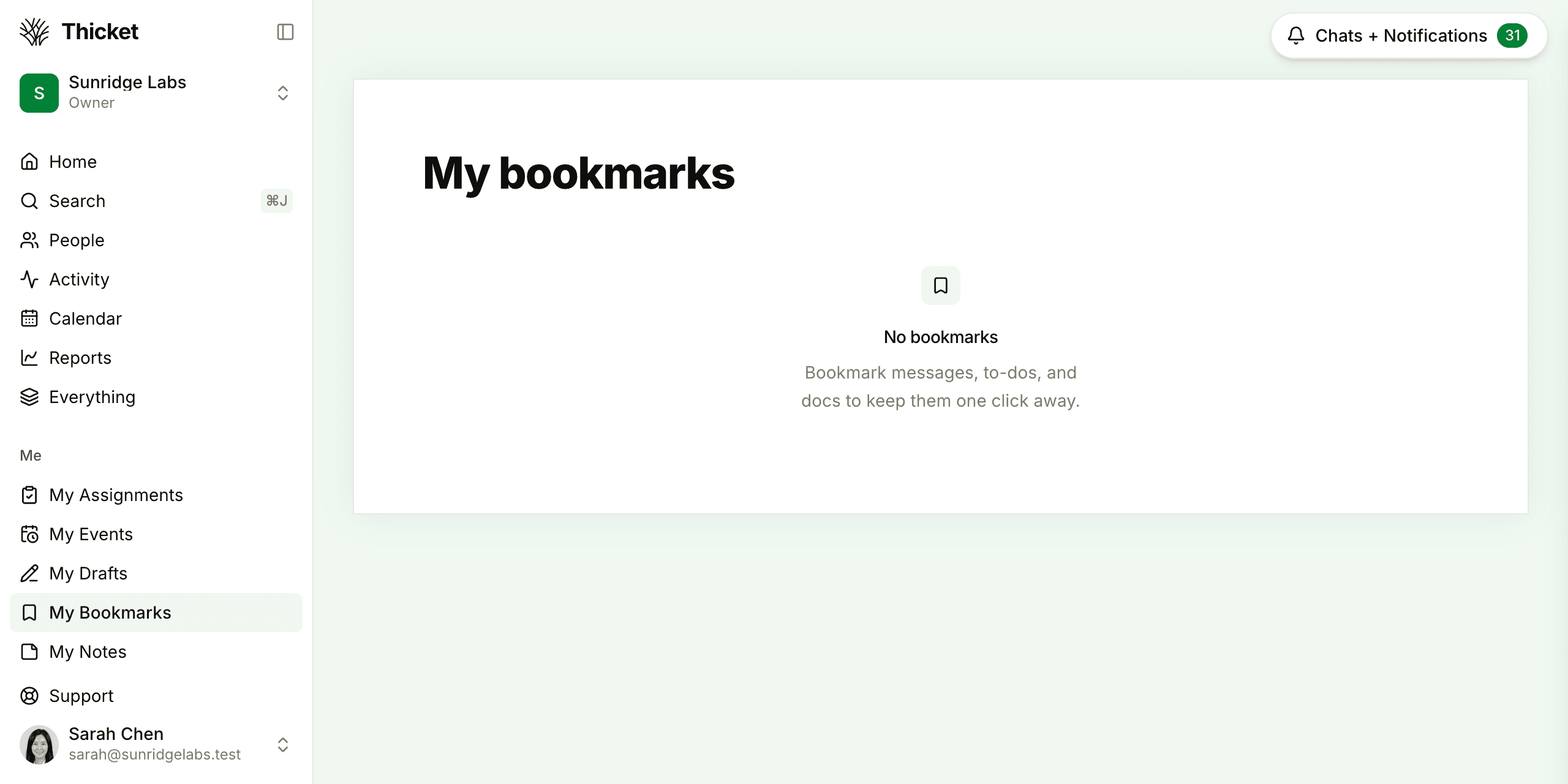 The My bookmarks page before anything is bookmarked, with My Bookmarks highlighted in the sidebar