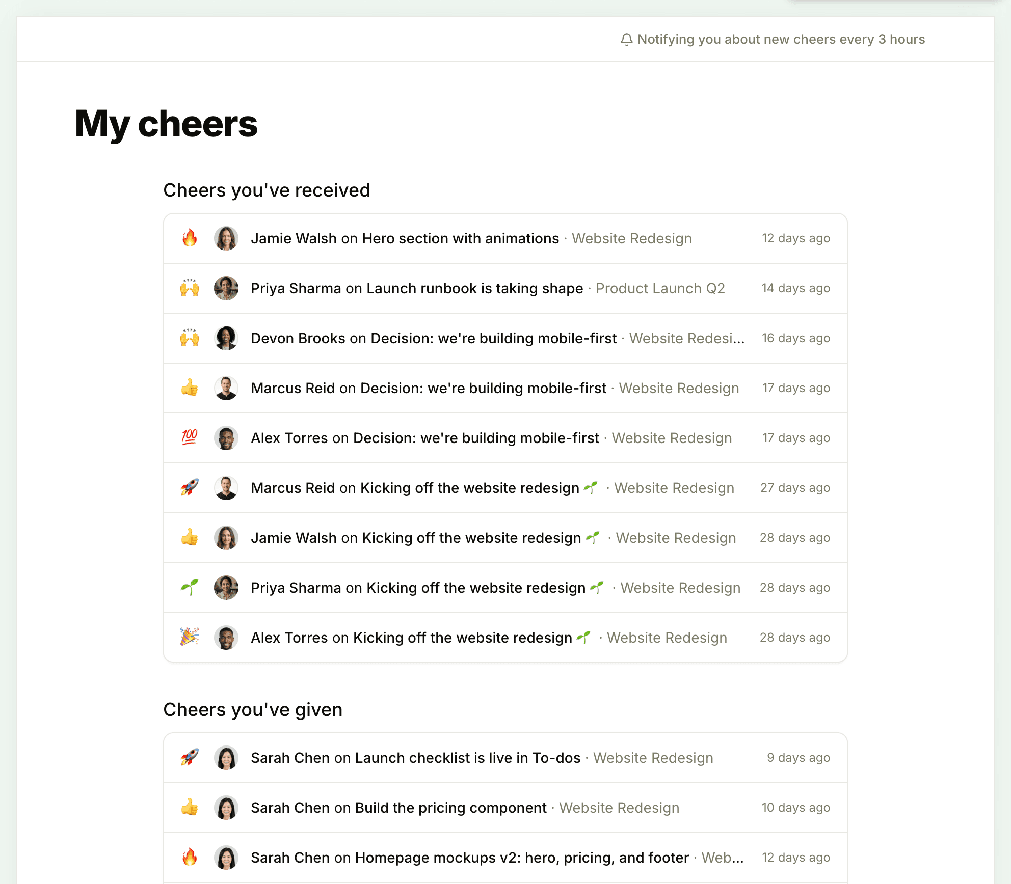 The My cheers page: Cheers you've received, each with the emoji, who left it, the item, the project and when, followed by Cheers you've given