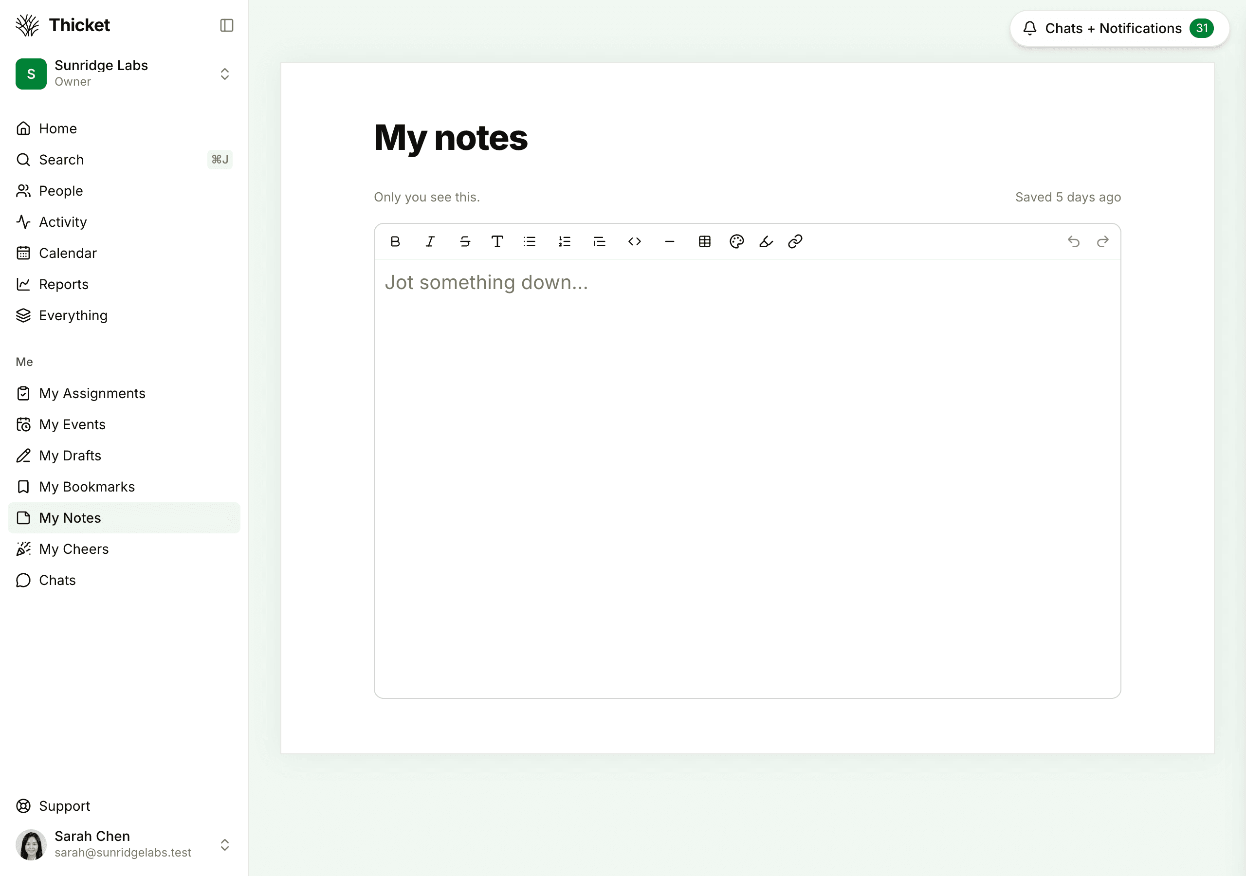 The My notes page, a blank notepad with a formatting toolbar under the line Only you see this