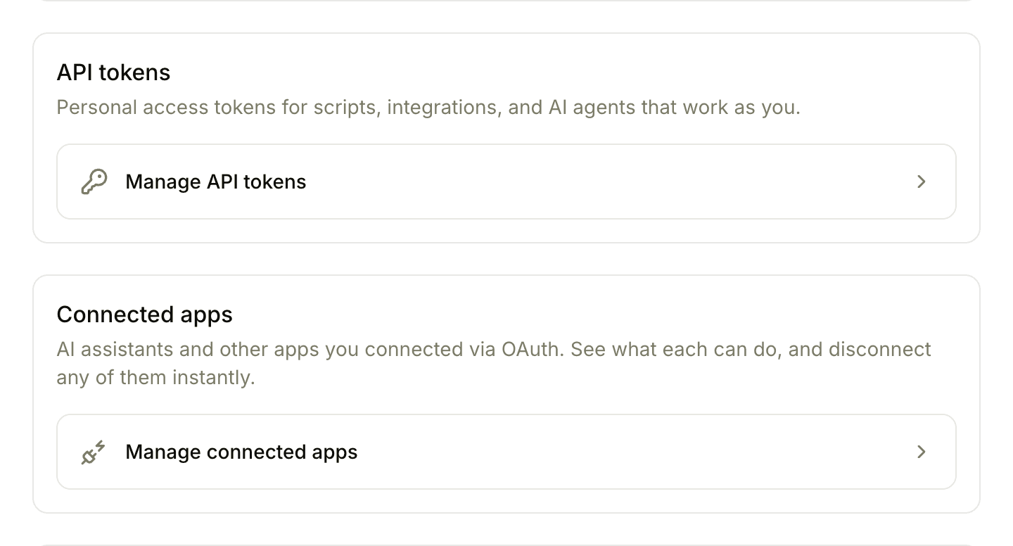 The API tokens and Connected apps sections of My settings, with the Manage API tokens and Manage connected apps buttons