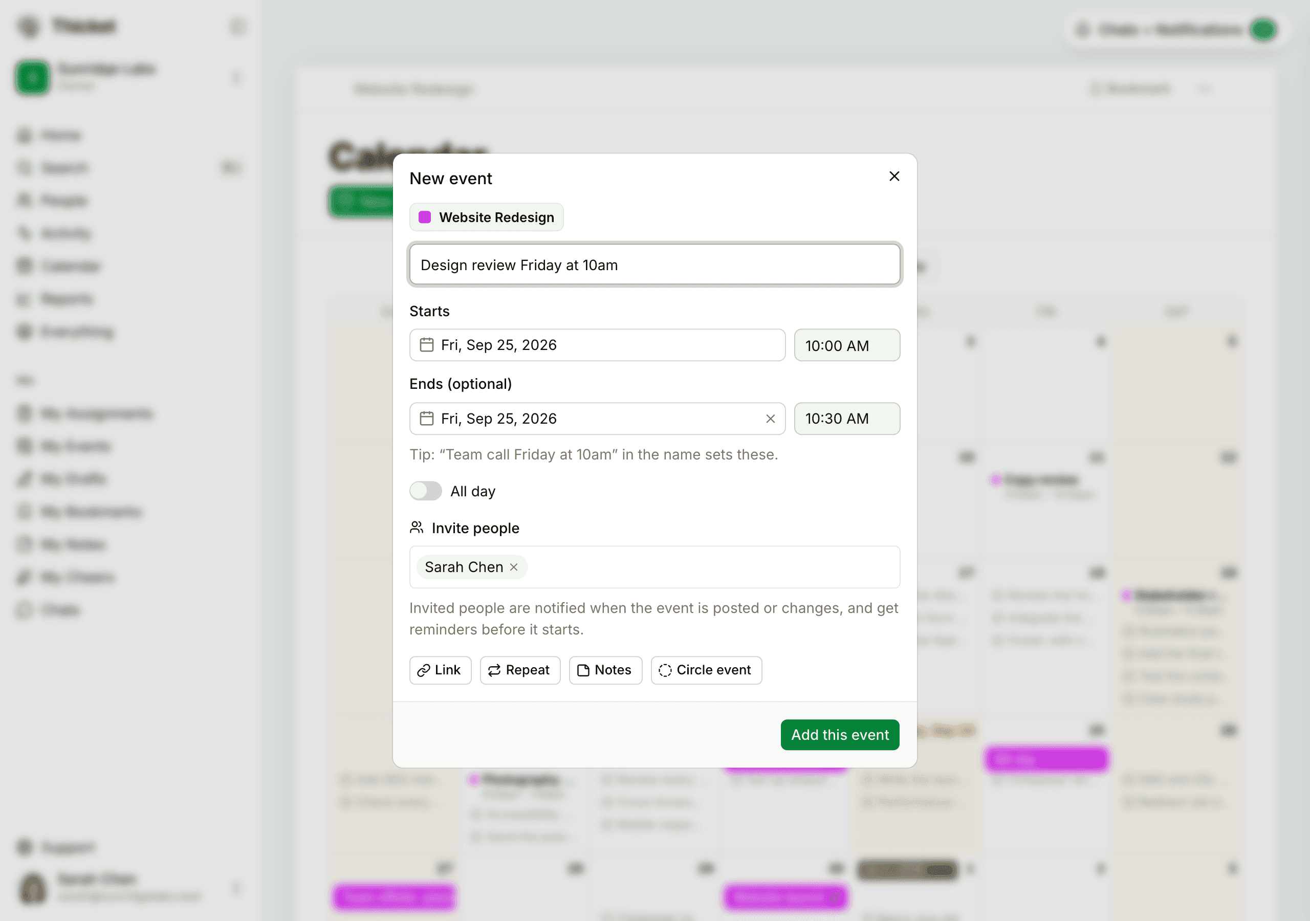 The New event dialog with “Design review Friday at 10am” typed as the name and Starts and Ends filled in from it, above the All day switch, Invite people, and the Link, Repeat, Notes, and Circle event buttons.