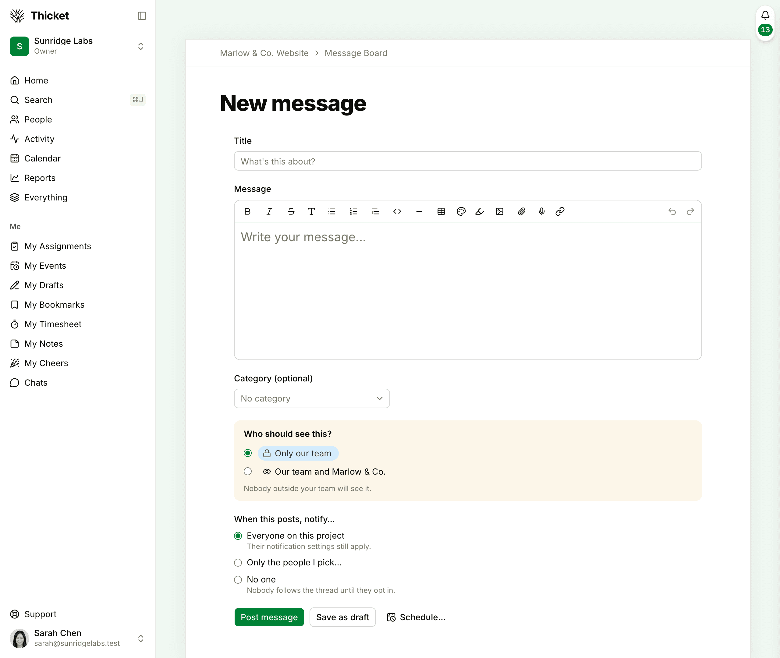 The New message form in a client project, with Who should see this? above the notify choices