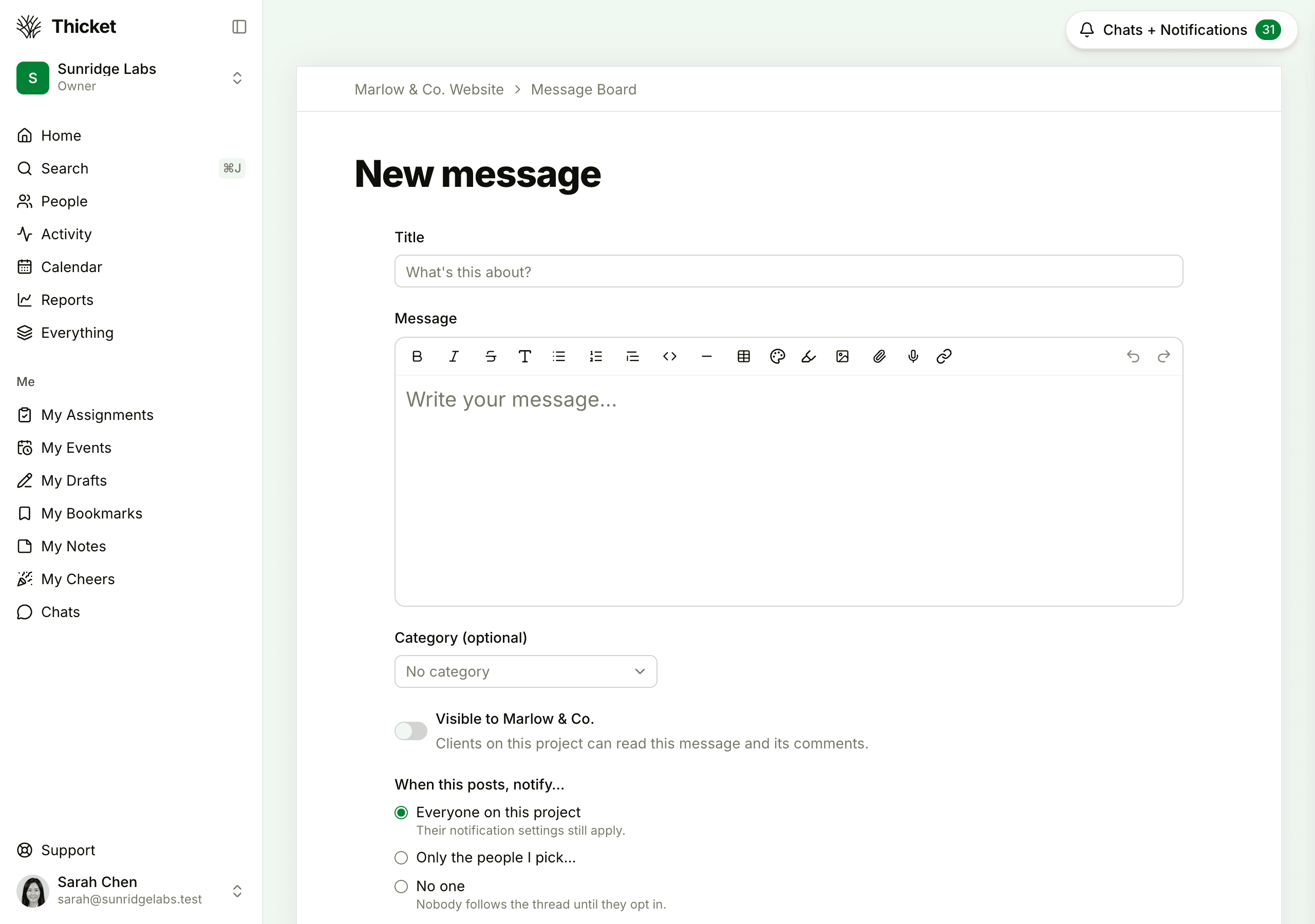 The New message form in a client project, with the category, the Visible to Marlow & Co. switch, and the When this posts, notify choices