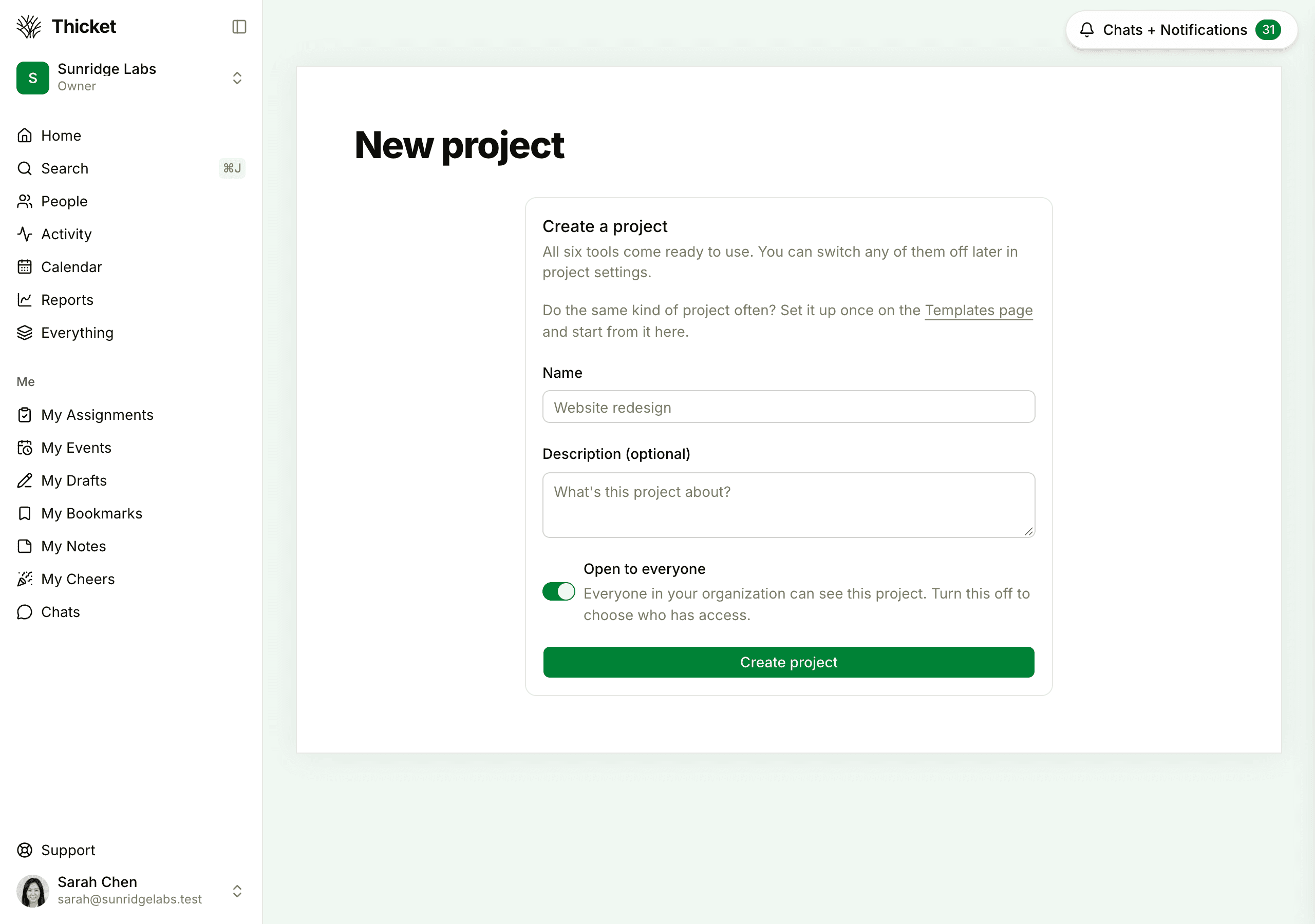 The New project page, with a link to the Templates page, the Name and Description fields, the Open to everyone switch, and the Create project button.