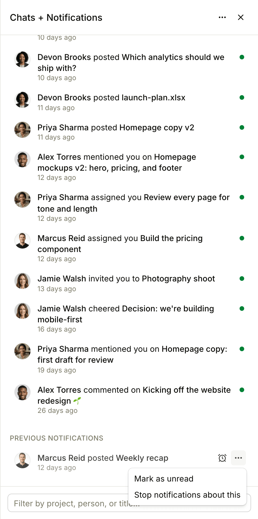 A read notification's ••• menu in the Previous notifications section, with Mark as unread and Stop notifications about this