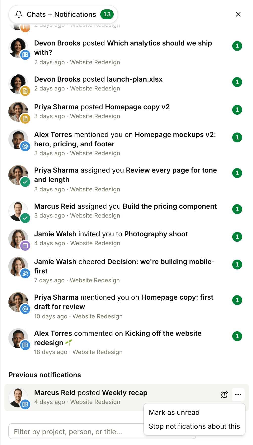 A read notification's ••• menu in the Previous notifications section, with Mark as unread and Stop notifications about this