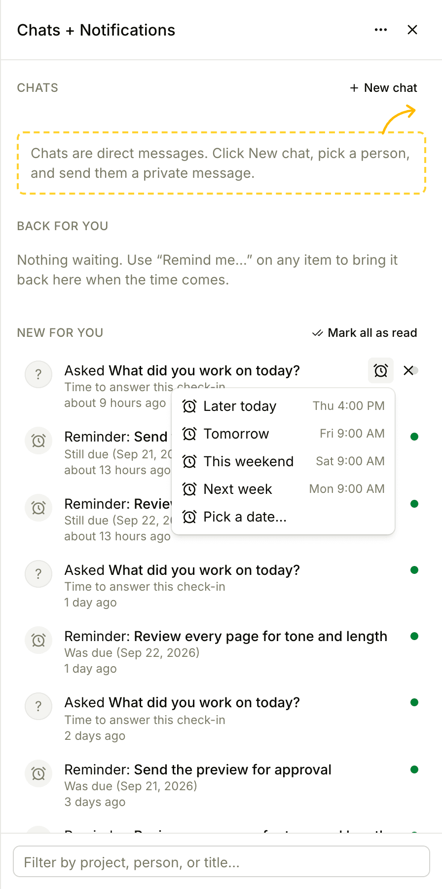 A notification in the Chats + Notifications sidebar with its alarm clock menu open, showing the reminder times