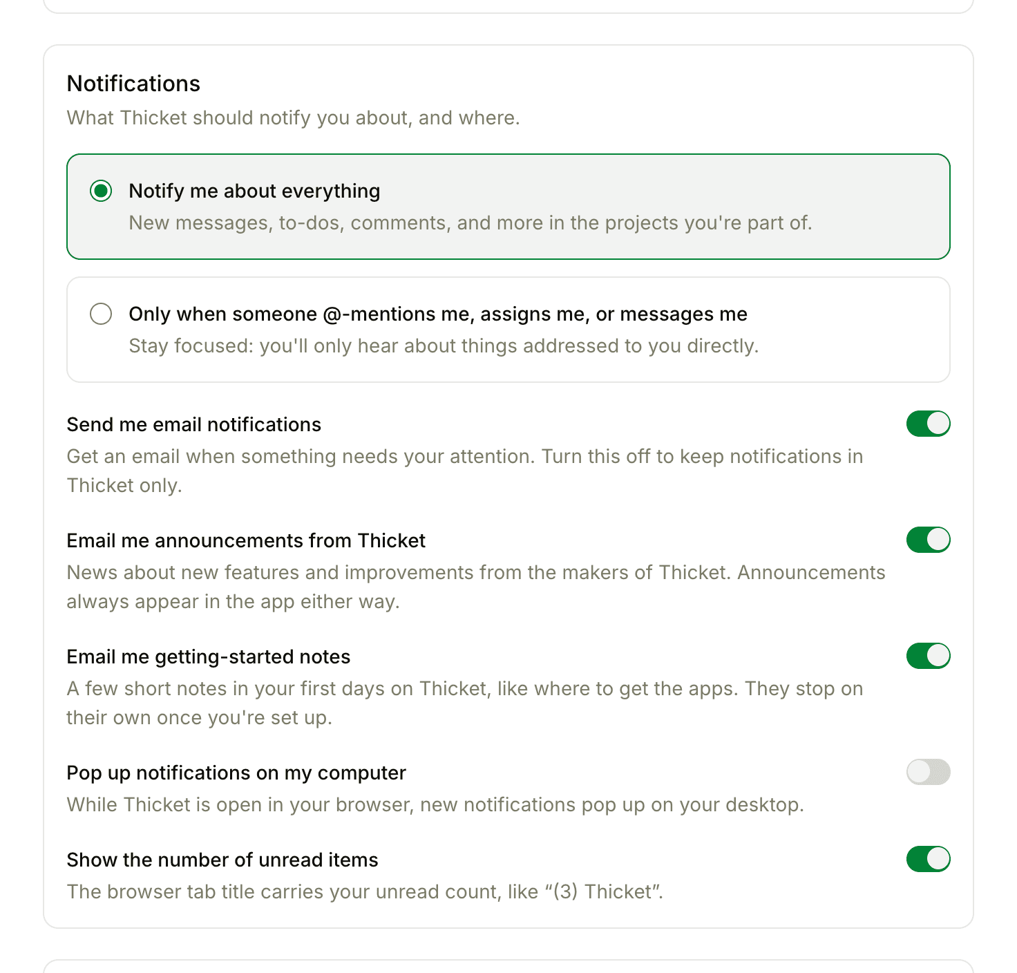 The Notifications section of My settings, with the choice between Notify me about everything and Only when someone @-mentions me, assigns me, or messages me, followed by the switches for email notifications, announcement emails, getting-started notes, desktop pop-ups, and the unread count