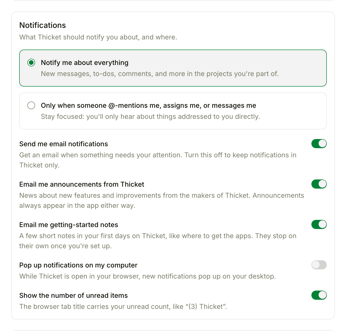 The Notifications section of My settings, with the two scope choices and the email, pop-up, and unread count switches