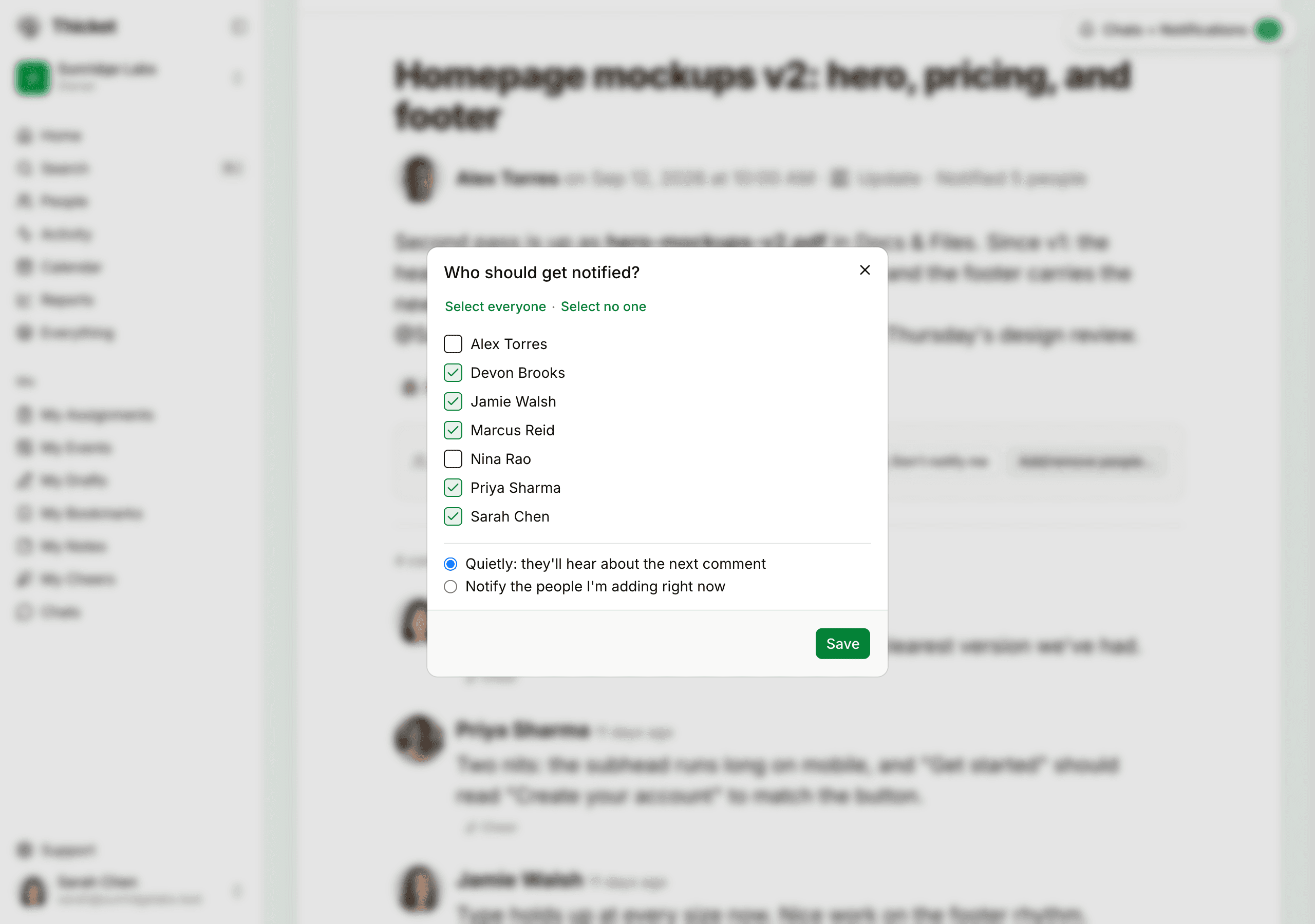 The Who should get notified? dialog, with Select everyone and Select no one, a checklist of people, and the choice between notifying them quietly or right now
